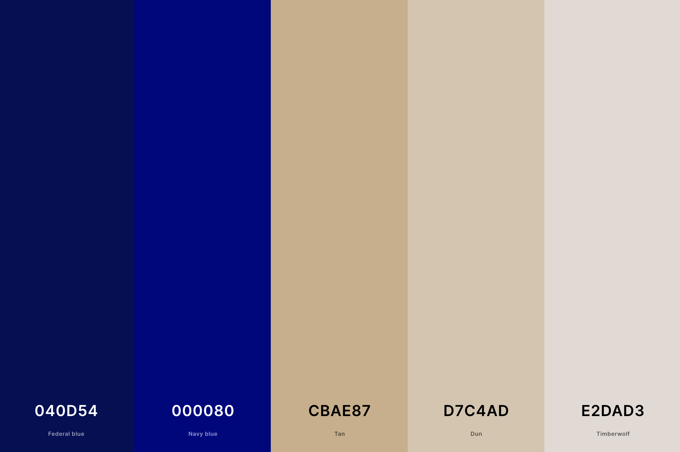 12. Navy Blue And Tan Color Palette Color Palette with Federal Blue (Hex #040D54) + Navy Blue (Hex #000080) + Tan (Hex #CBAE87) + Dun (Hex #D7C4AD) + Timberwolf (Hex #E2DAD3) Color Palette with Hex Codes