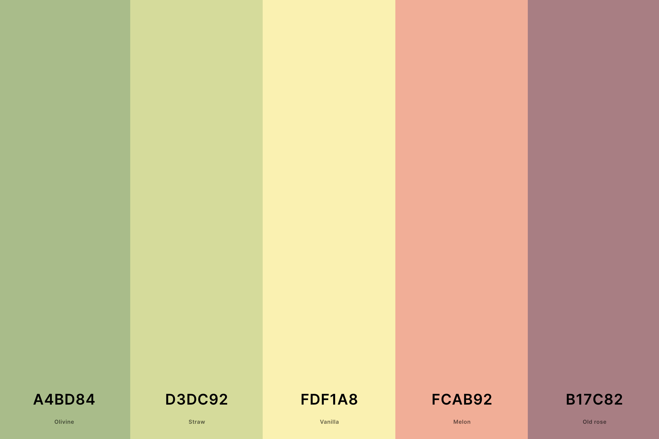 12. Pastel Fall Color Palette Color Palette with Olivine (Hex #A4BD84) + Straw (Hex #D3DC92) + Vanilla (Hex #FDF1A8) + Melon (Hex #FCAB92) + Old Rose (Hex #B17C82) Color Palette with Hex Codes