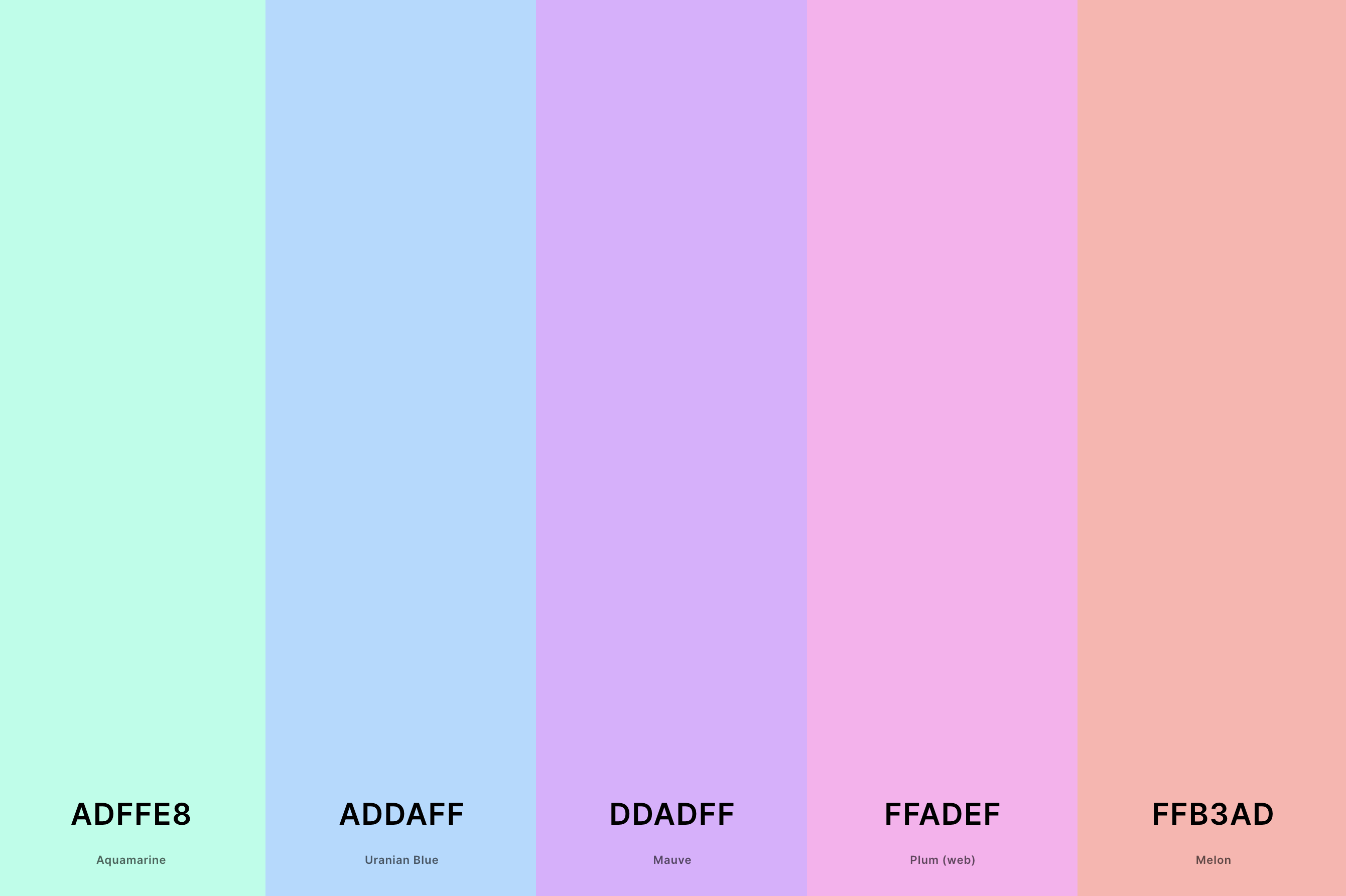 12. Pastel Indigo Color Palette Color Palette with Aquamarine (Hex #ADFFE8) + Uranian Blue (Hex #ADDAFF) + Mauve (Hex #DDADFF) + Plum (Web) (Hex #FFADEF) + Melon (Hex #FFB3AD) Color Palette with Hex Codes