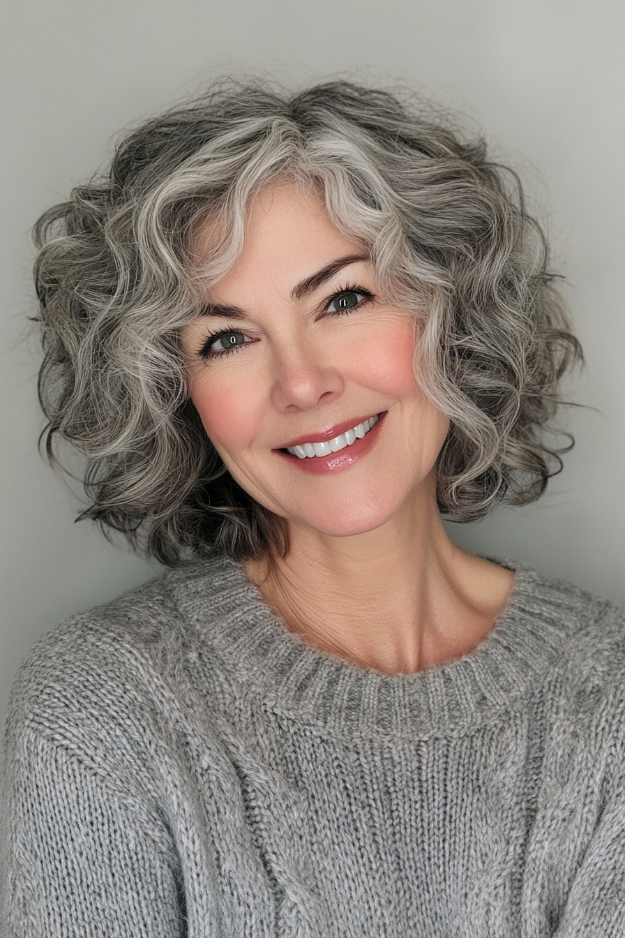 12. Pewter Waves with Feathered Ends (Short Curly Hairstyles For Women Over 50) - Short Curly Hairstyles For Women Over 50