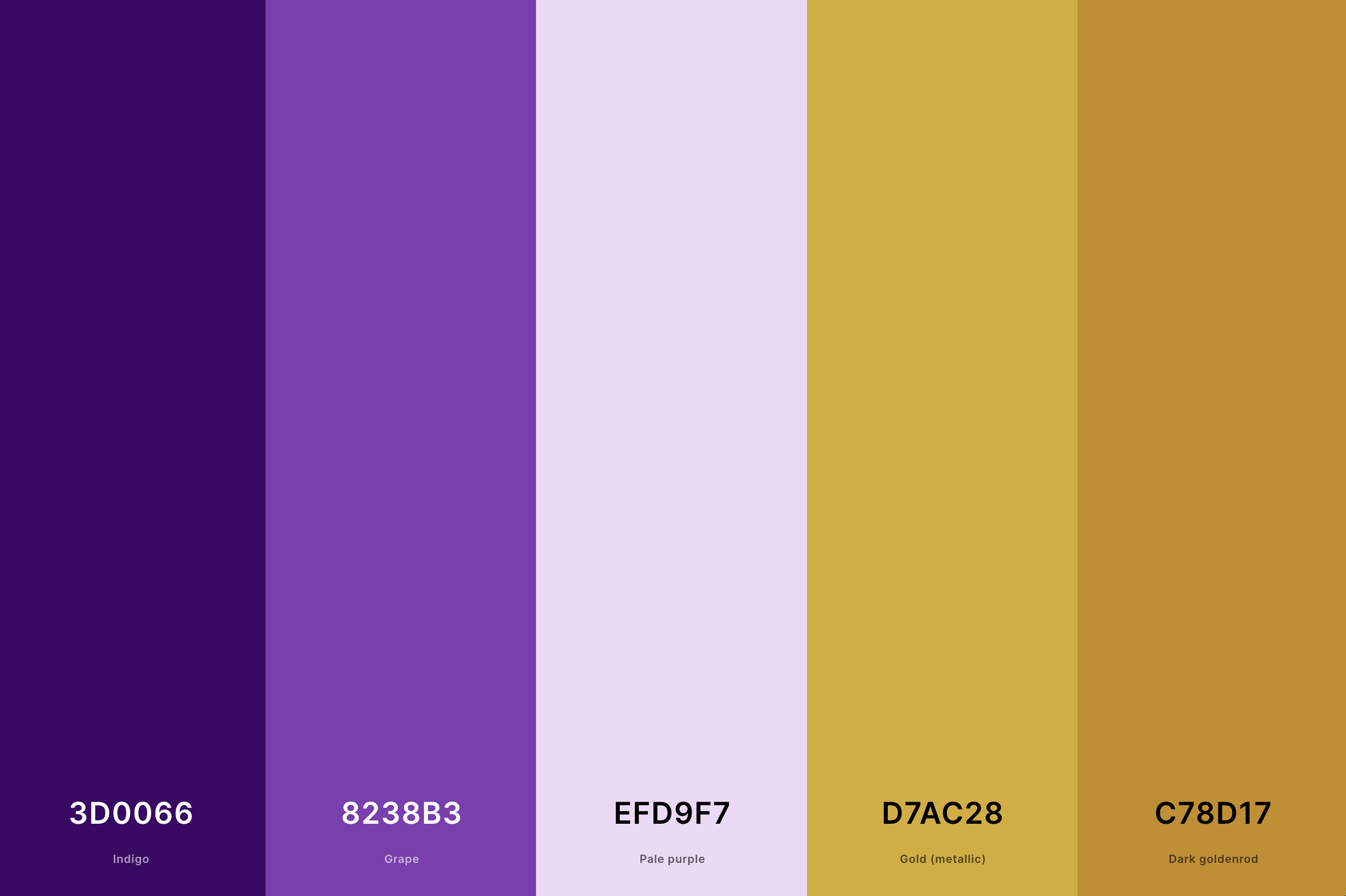 12. Purple And Gold Color Palette Color Palette with Indigo (Hex #3D0066) + Grape (Hex #8238B3) + Pale Purple (Hex #EFD9F7) + Gold (Metallic) (Hex #D7AC28) + Dark Goldenrod (Hex #C78D17) Color Palette with Hex Codes