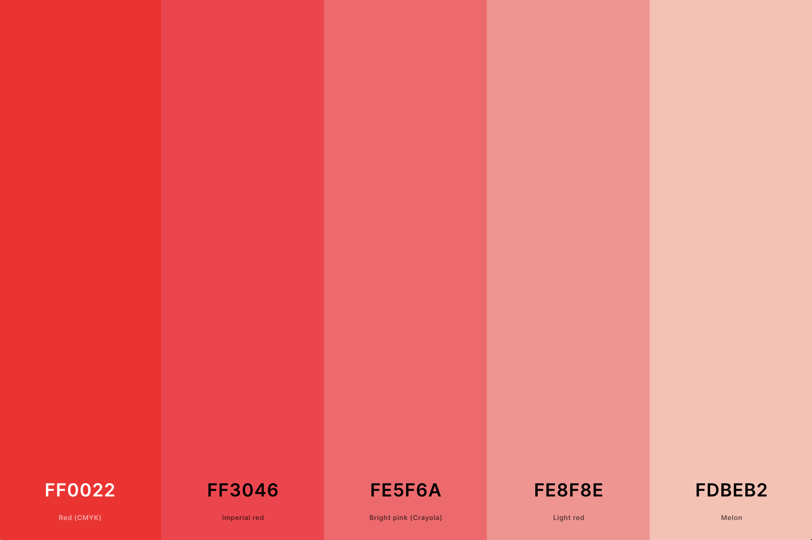 12. Red And Pink Color Palette Color Palette with Red (Cmyk) (Hex #FF0022) + Imperial Red (Hex #FF3046) + Bright Pink (Crayola) (Hex #FE5F6A) + Light Red (Hex #FE8F8E) + Melon (Hex #FDBEB2) Color Palette with Hex Codes
