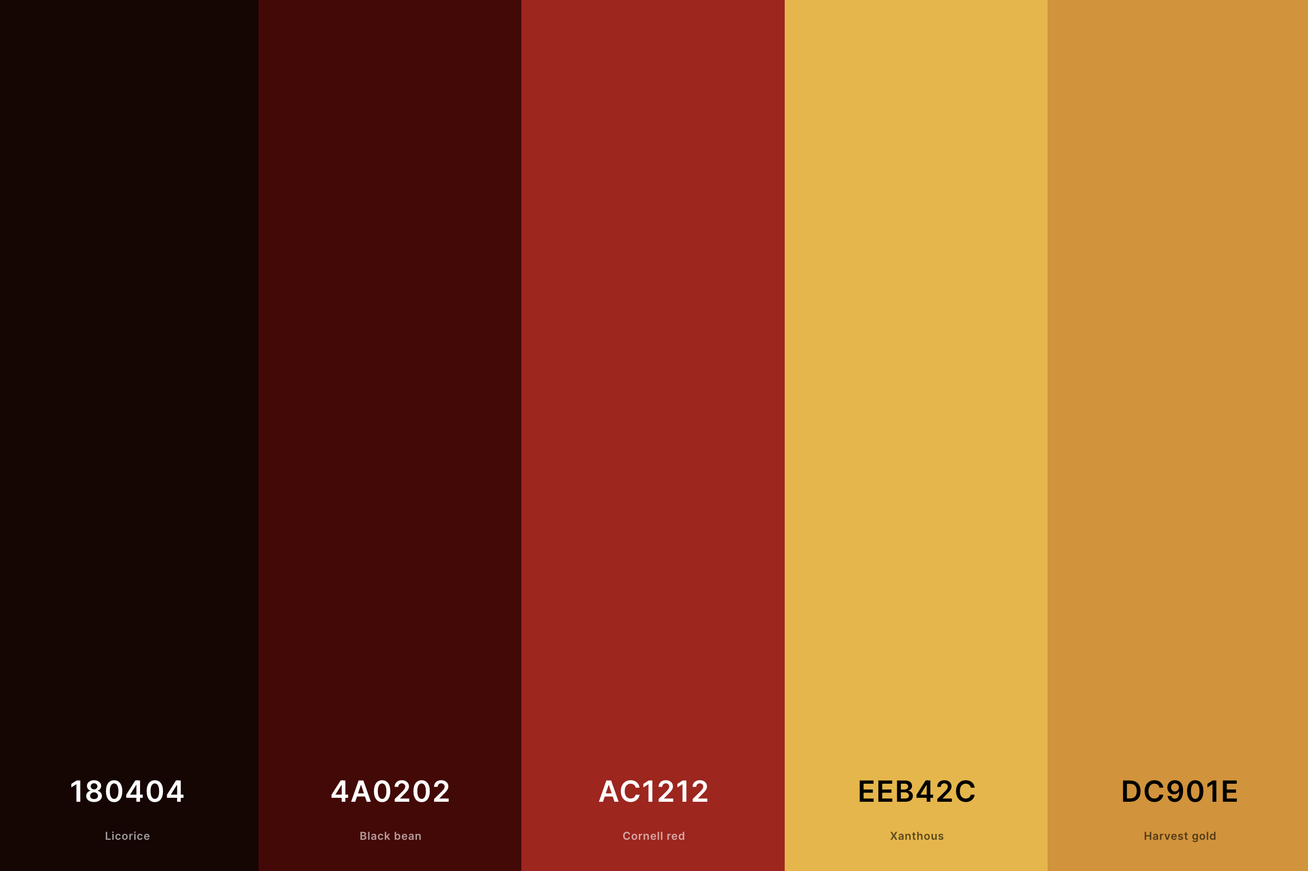 12. Red, Black And Gold Color Palette Color Palette with Licorice (Hex #180404) + Black Bean (Hex #4A0202) + Cornell Red (Hex #AC1212) + Xanthous (Hex #EEB42C) + Harvest Gold (Hex #DC901E) Color Palette with Hex Codes