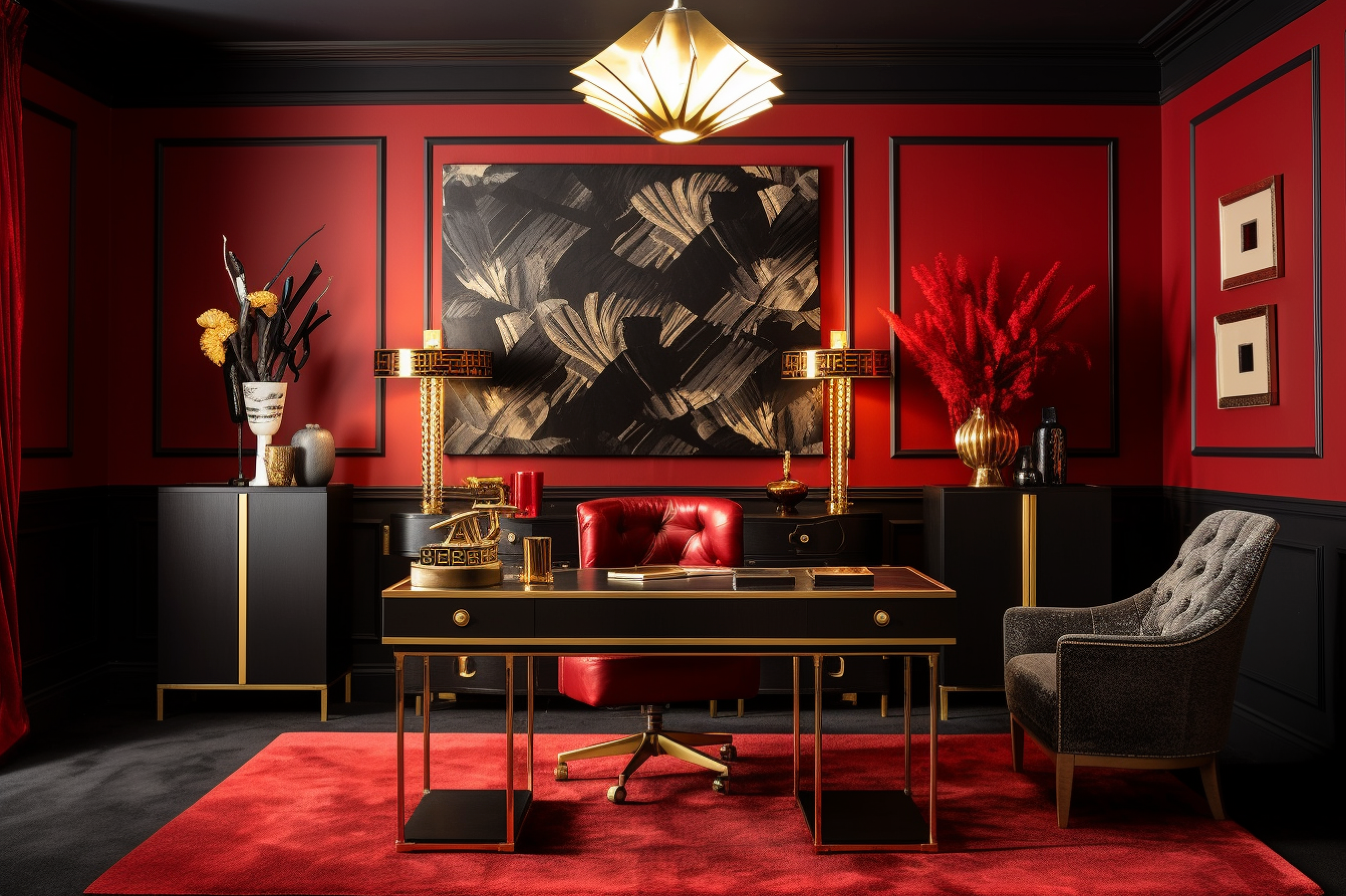 12. Red, Black, and Gold Color Scheme - Art Deco Home Office