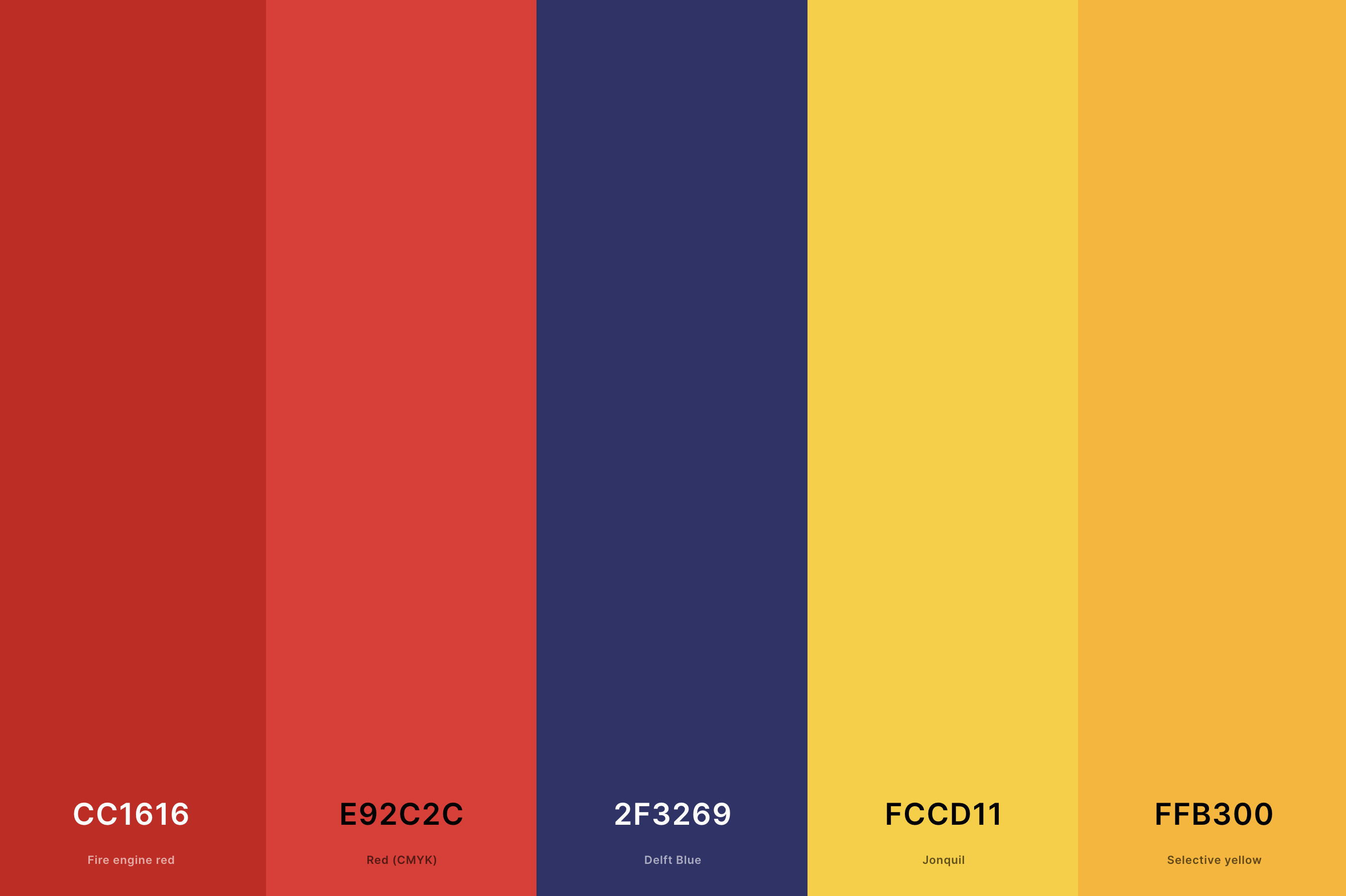 12. Red, Blue And Yellow Color Palette Color Palette with Fire Engine Red (Hex #CC1616) + Red (Cmyk) (Hex #E92C2C) + Delft Blue (Hex #2F3269) + Jonquil (Hex #FCCD11) + Selective Yellow (Hex #FFB300) Color Palette with Hex Codes