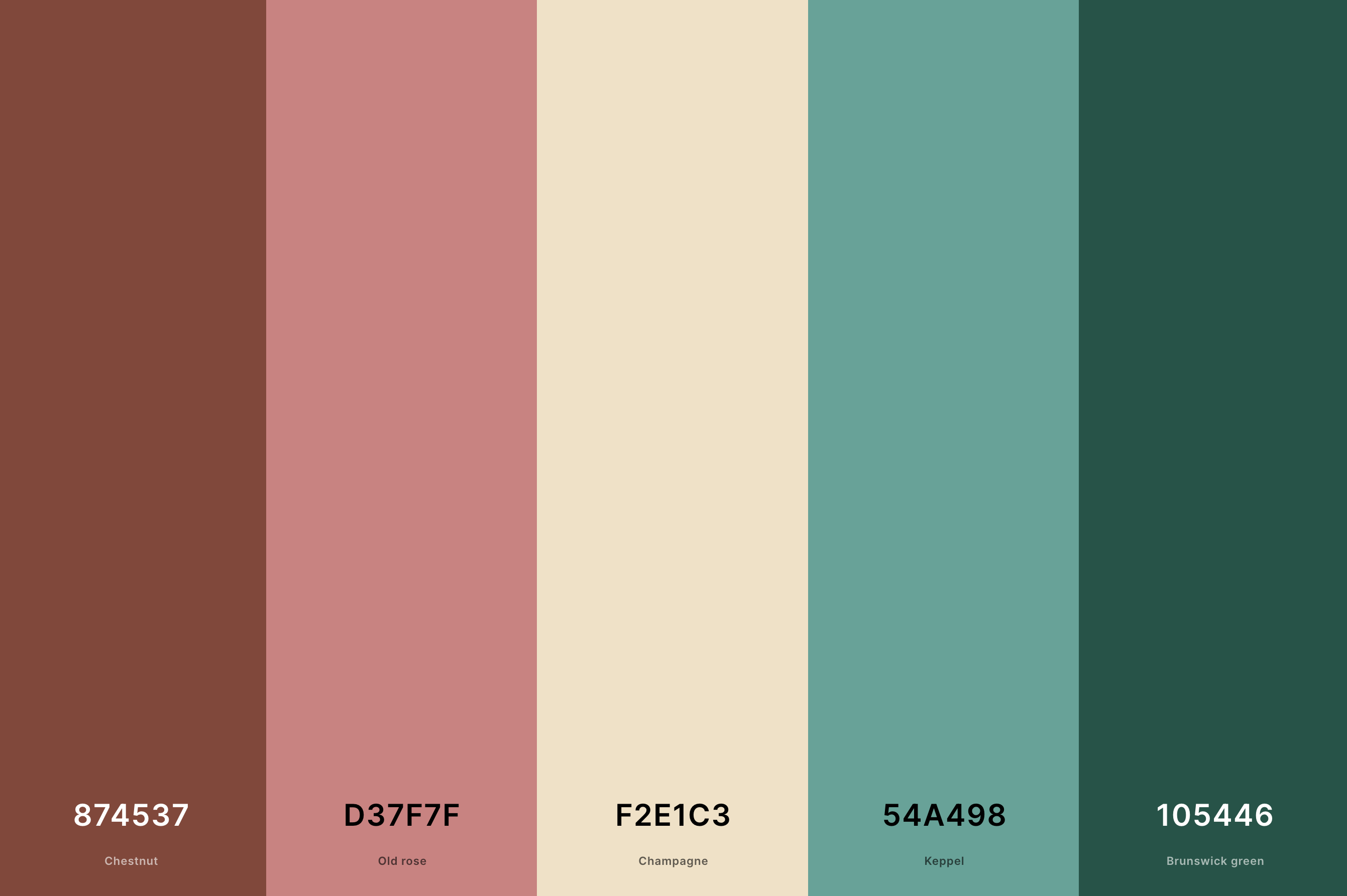 12. Retro Mid Century Modern Color Palette Color Palette with Chestnut (Hex #874537) + Old Rose (Hex #D37F7F) + Champagne (Hex #F2E1C3) + Keppel (Hex #54A498) + Brunswick Green (Hex #105446) Color Palette with Hex Codes