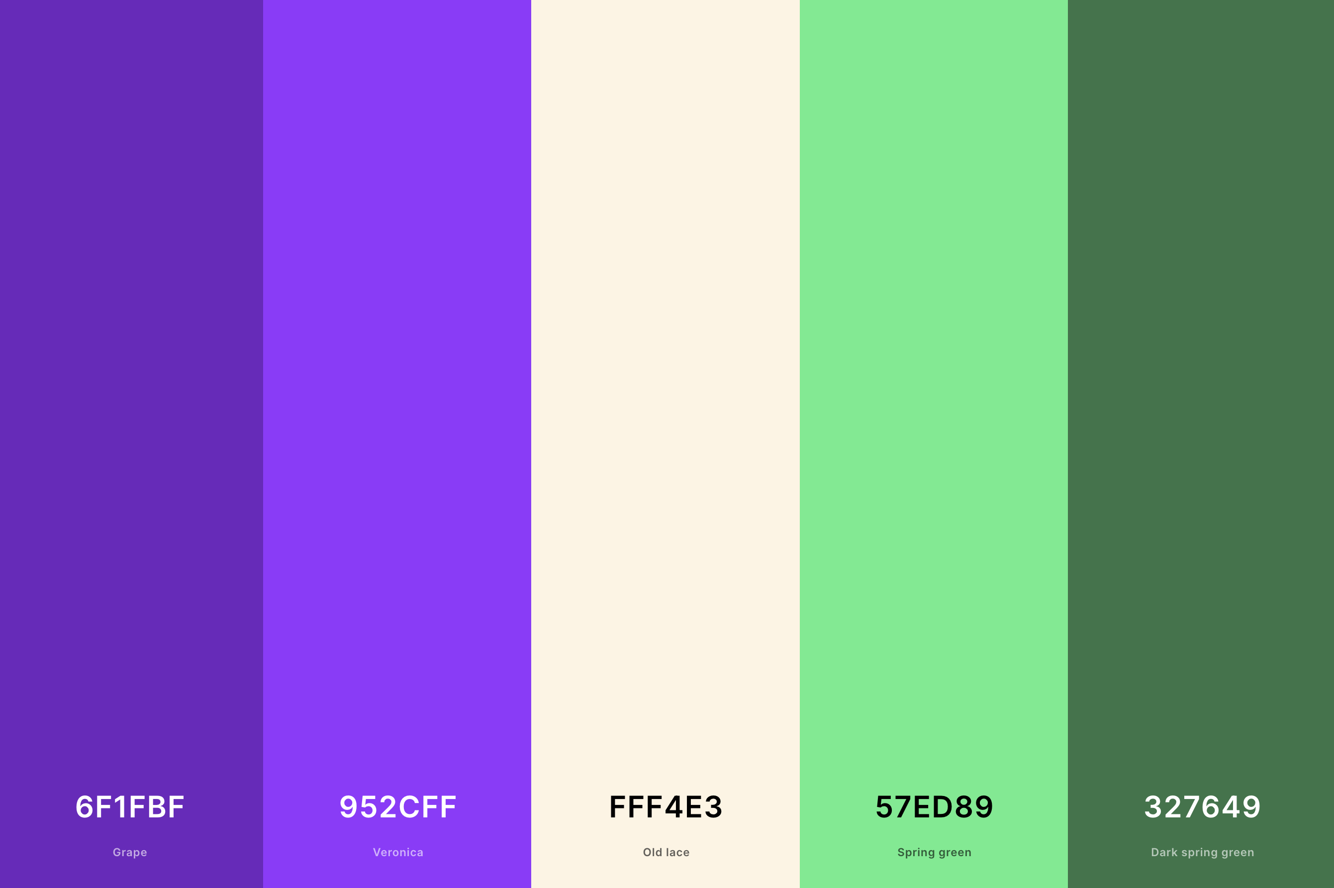 12. Violet And Green Color Palette Color Palette with Grape (Hex #6F1FBF) + Veronica (Hex #952CFF) + Old Lace (Hex #FFF4E3) + Spring Green (Hex #57ED89) + Dark Spring Green (Hex #327649) Color Palette with Hex Codes