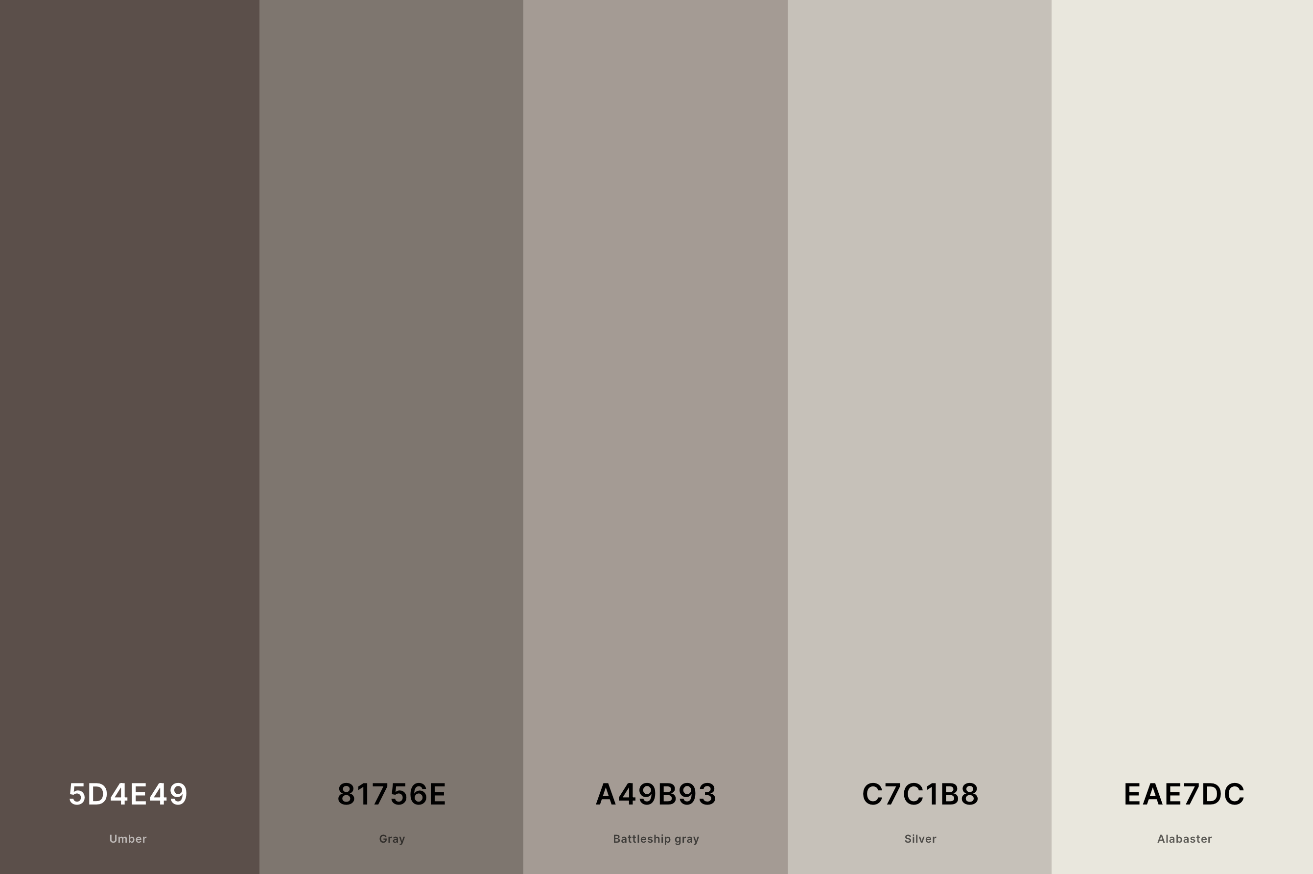12. Warm Gray Color Palette Color Palette with Umber (Hex #5D4E49) + Gray (Hex #81756E) + Battleship Gray (Hex #A49B93) + Silver (Hex #C7C1B8) + Alabaster (Hex #EAE7DC) Color Palette with Hex Codes