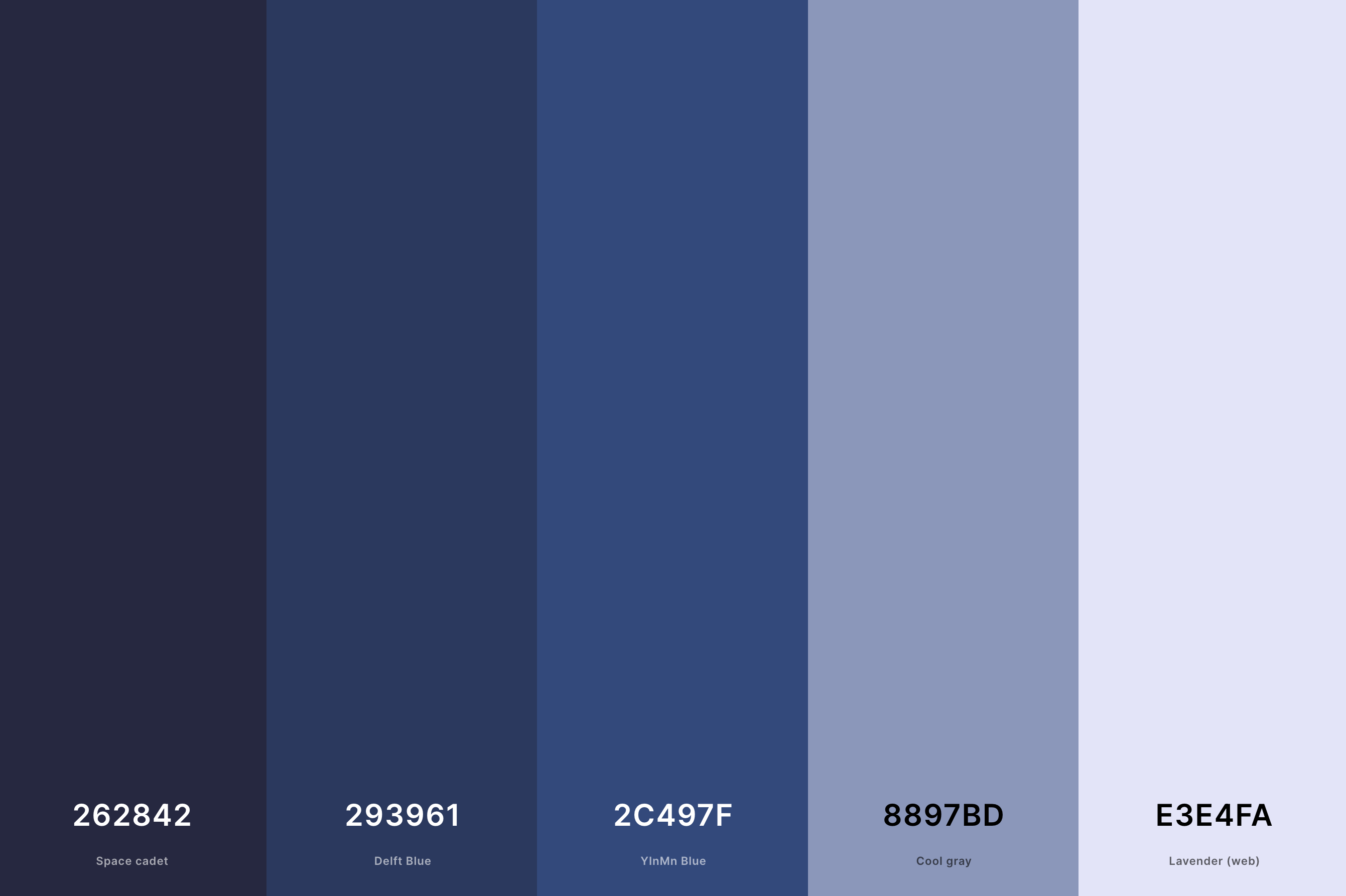 13. Aesthetic Blue Color Palette Color Palette with Space Cadet (Hex #262842) + Delft Blue (Hex #293961) + Yinmn Blue (Hex #2C497F) + Cool Gray (Hex #8897BD) + Lavender (Web) (Hex #E3E4FA) Color Palette with Hex Codes