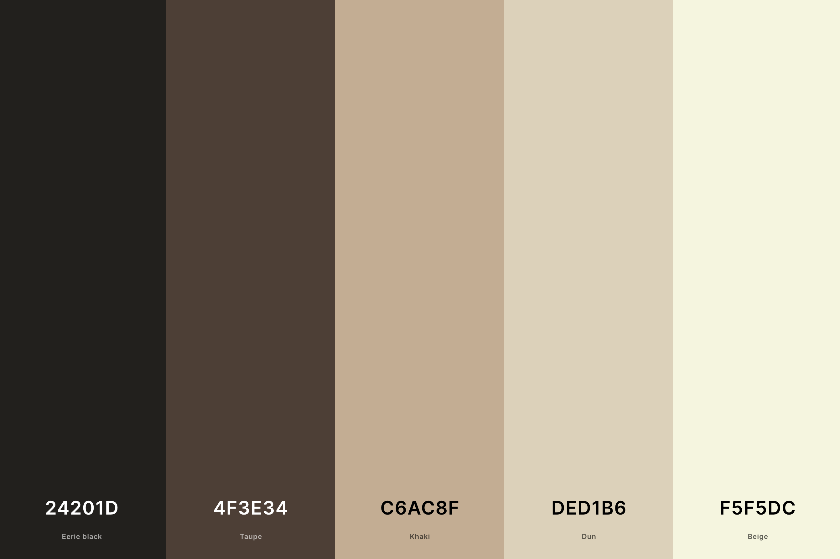 13. Beige And Black Color Palette Color Palette with Eerie Black (Hex #24201D) + Taupe (Hex #4F3E34) + Khaki (Hex #C6AC8F) + Dun (Hex #DED1B6) + Beige (Hex #F5F5DC) Color Palette with Hex Codes