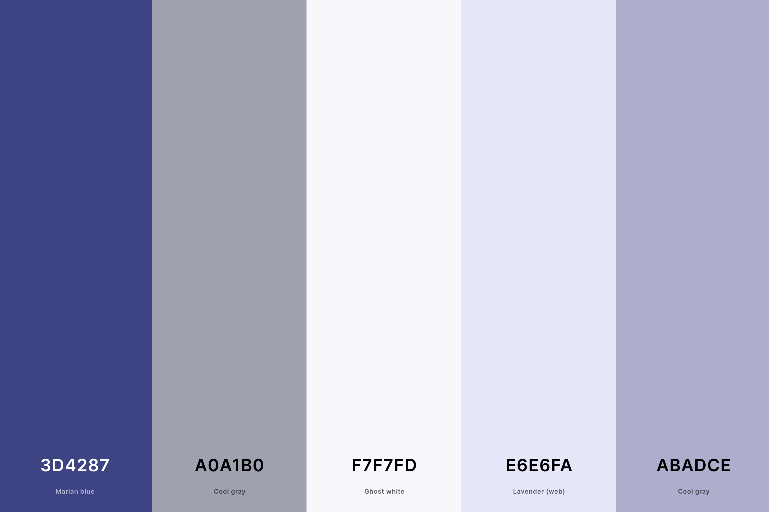13. Blue, Gray, White And Lavender Color Palette Color Palette with Marian Blue (Hex #3D4287) + Cool Gray (Hex #A0A1B0) + Ghost White (Hex #F7F7FD) + Lavender (Web) (Hex #E6E6FA) + Cool Gray (Hex #ABADCE) Color Palette with Hex Codes
