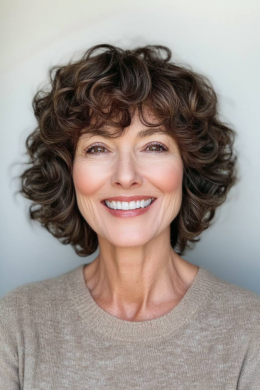 13. Curly Chocolate Brown Shag with Rounded Bangs (Short Shag Haircuts With Bangs For Older Women) - Short Shag Haircuts With Bangs For Older Women