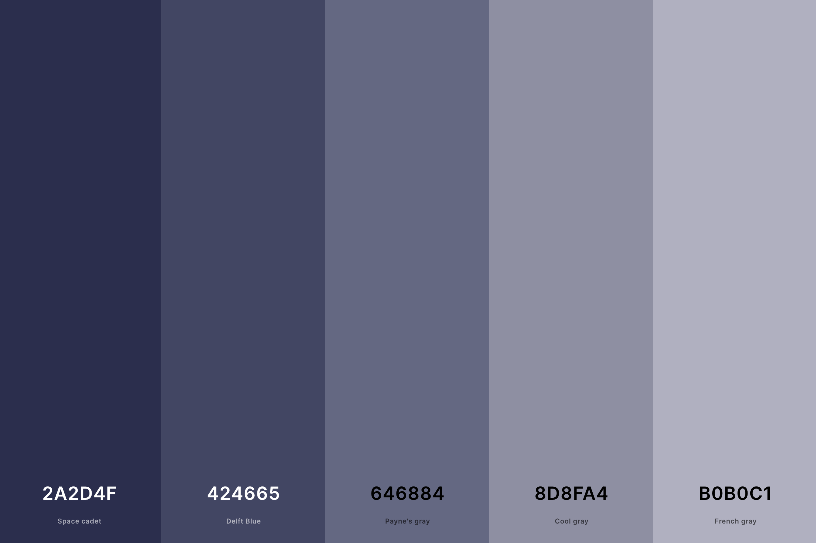 13. Indigo And Gray Color Palette Color Palette with Space Cadet (Hex #2A2D4F) + Delft Blue (Hex #424665) + Payne'S Gray (Hex #646884) + Cool Gray (Hex #8D8FA4) + French Gray (Hex #B0B0C1) Color Palette with Hex Codes