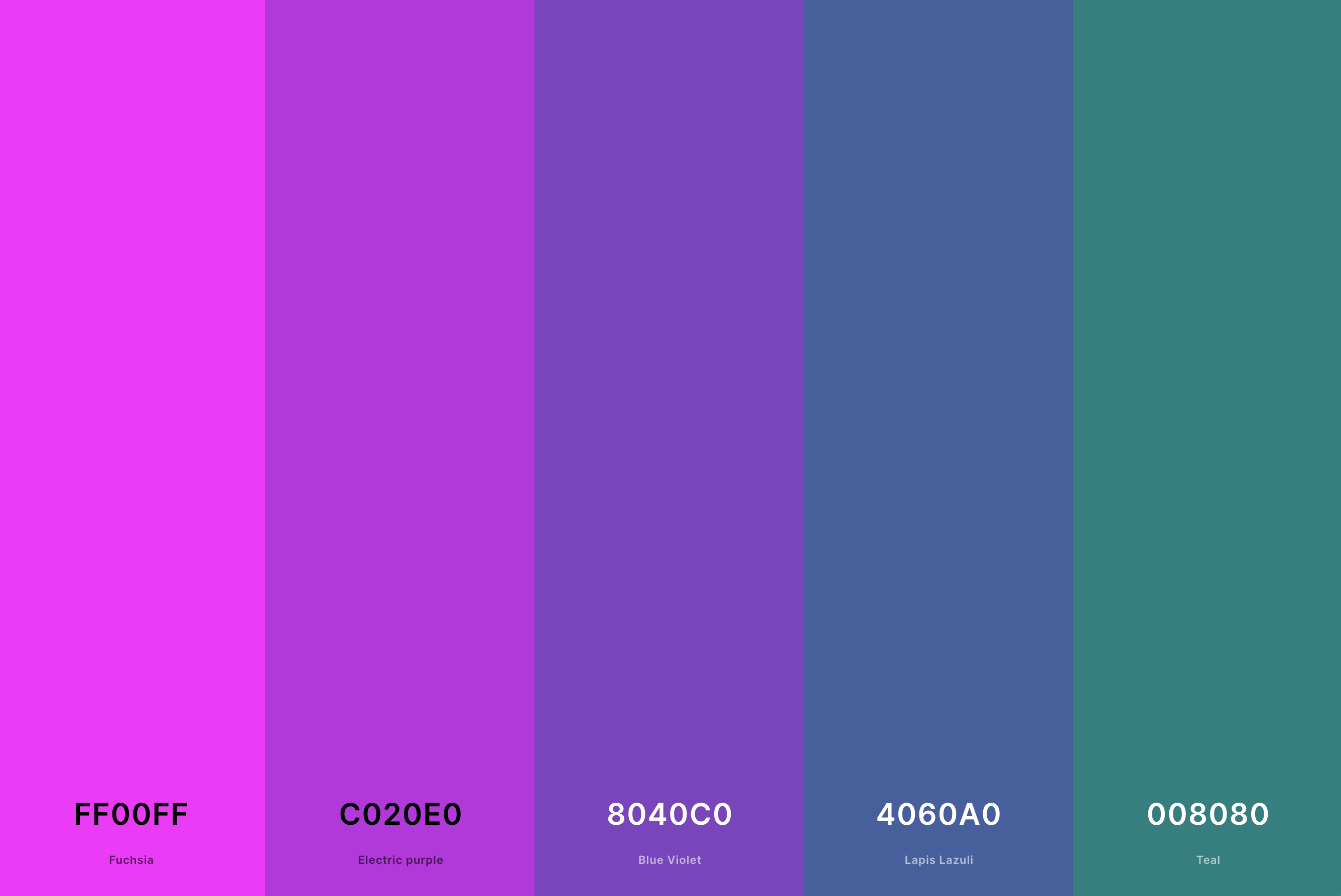 13. Magenta And Teal Color Palette Color Palette with Fuchsia (Hex #FF00FF) + Electric Purple (Hex #C020E0) + Blue Violet (Hex #8040C0) + Lapis Lazuli (Hex #4060A0) + Teal (Hex #008080) Color Palette with Hex Codes