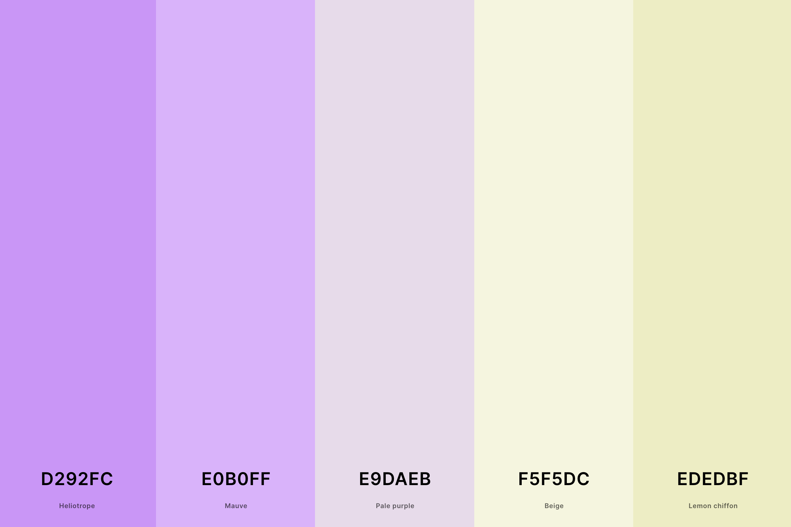 13. Mauve And Beige Color Palette Color Palette with Heliotrope (Hex #D292FC) + Mauve (Hex #E0B0FF) + Pale Purple (Hex #E9DAEB) + Beige (Hex #F5F5DC) + Lemon Chiffon (Hex #EDEDBF) Color Palette with Hex Codes
