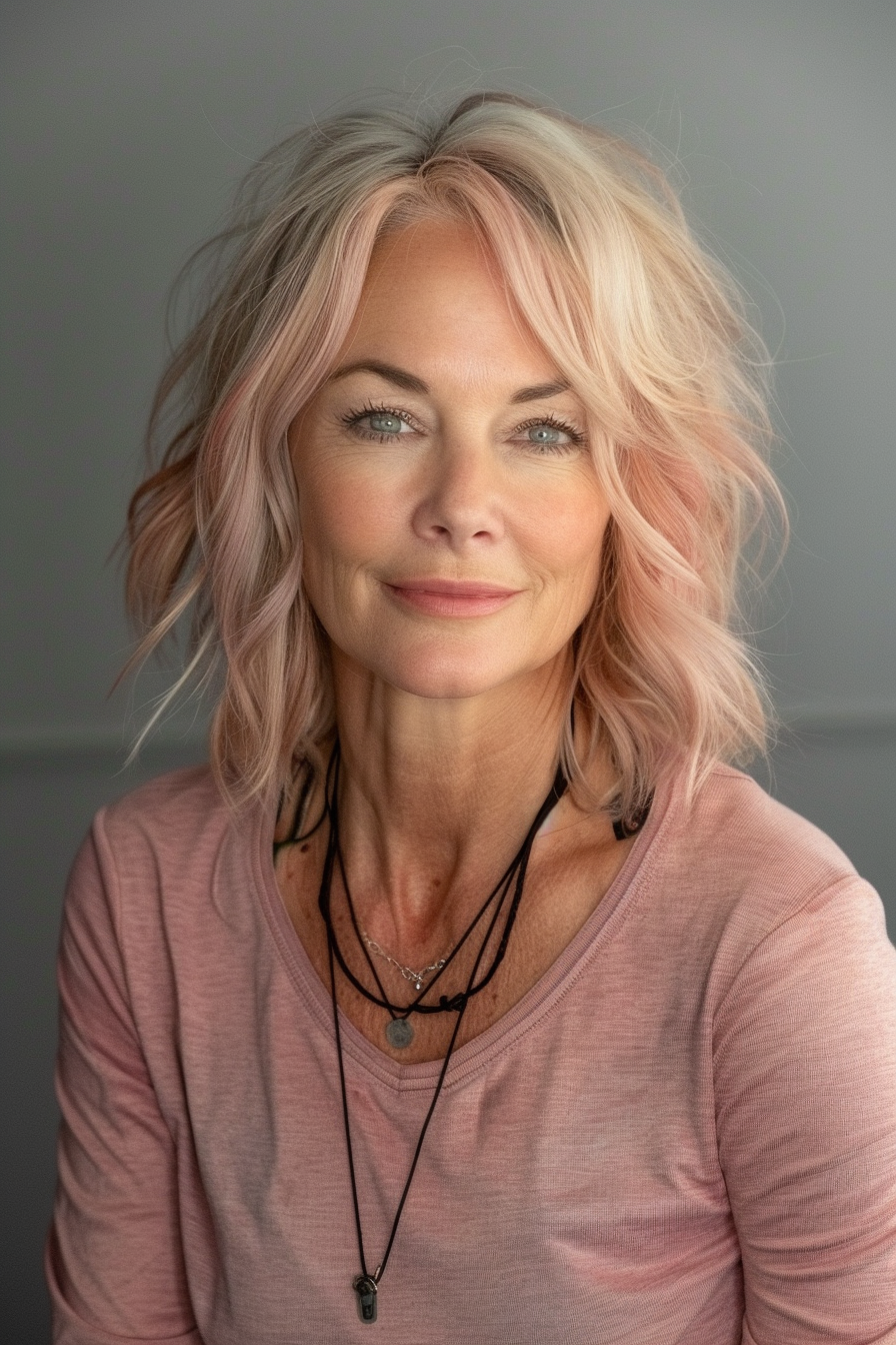 13. Modern Layered Bob for Round Faces in Soft Pastel Pink - Short Hairstyles For Women Over 60 With Fine Hair