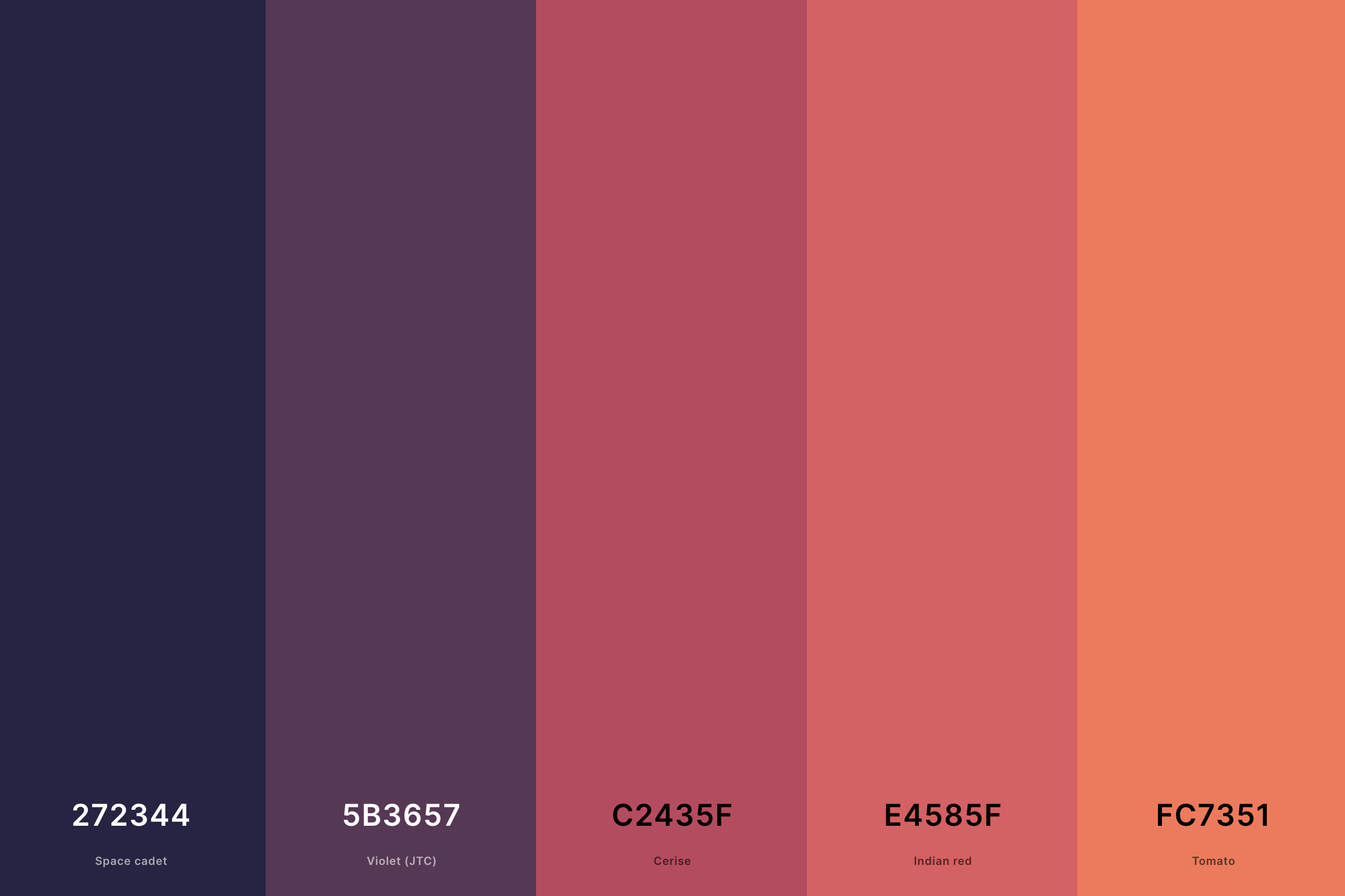 13. Mountain Sunset Color Palette Color Palette with Space Cadet (Hex #272344) + Violet (Jtc) (Hex #5B3657) + Cerise (Hex #C2435F) + Indian Red (Hex #E4585F) + Tomato (Hex #FC7351) Color Palette with Hex Codes