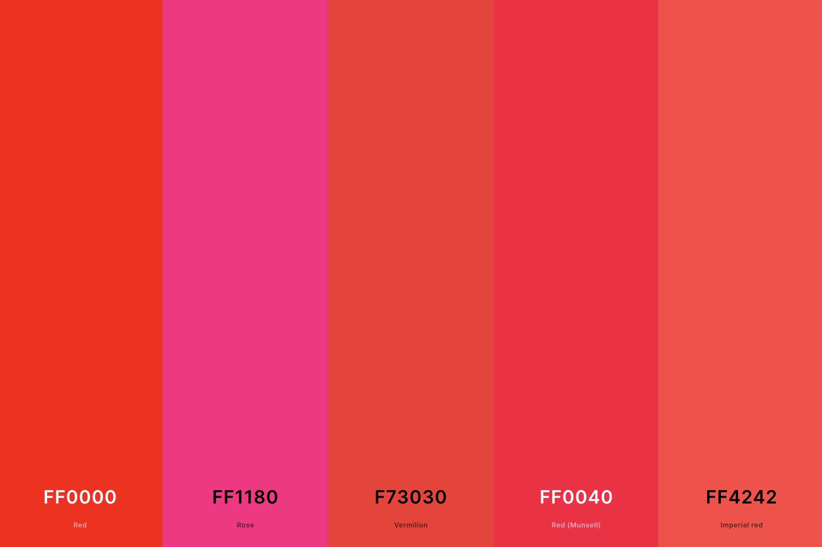 13. Neon Red Color Palette Color Palette with Red (Hex #FF0000) + Rose (Hex #FF1180) + Vermilion (Hex #F73030) + Red (Munsell) (Hex #FF0040) + Imperial Red (Hex #FF4242) Color Palette with Hex Codes