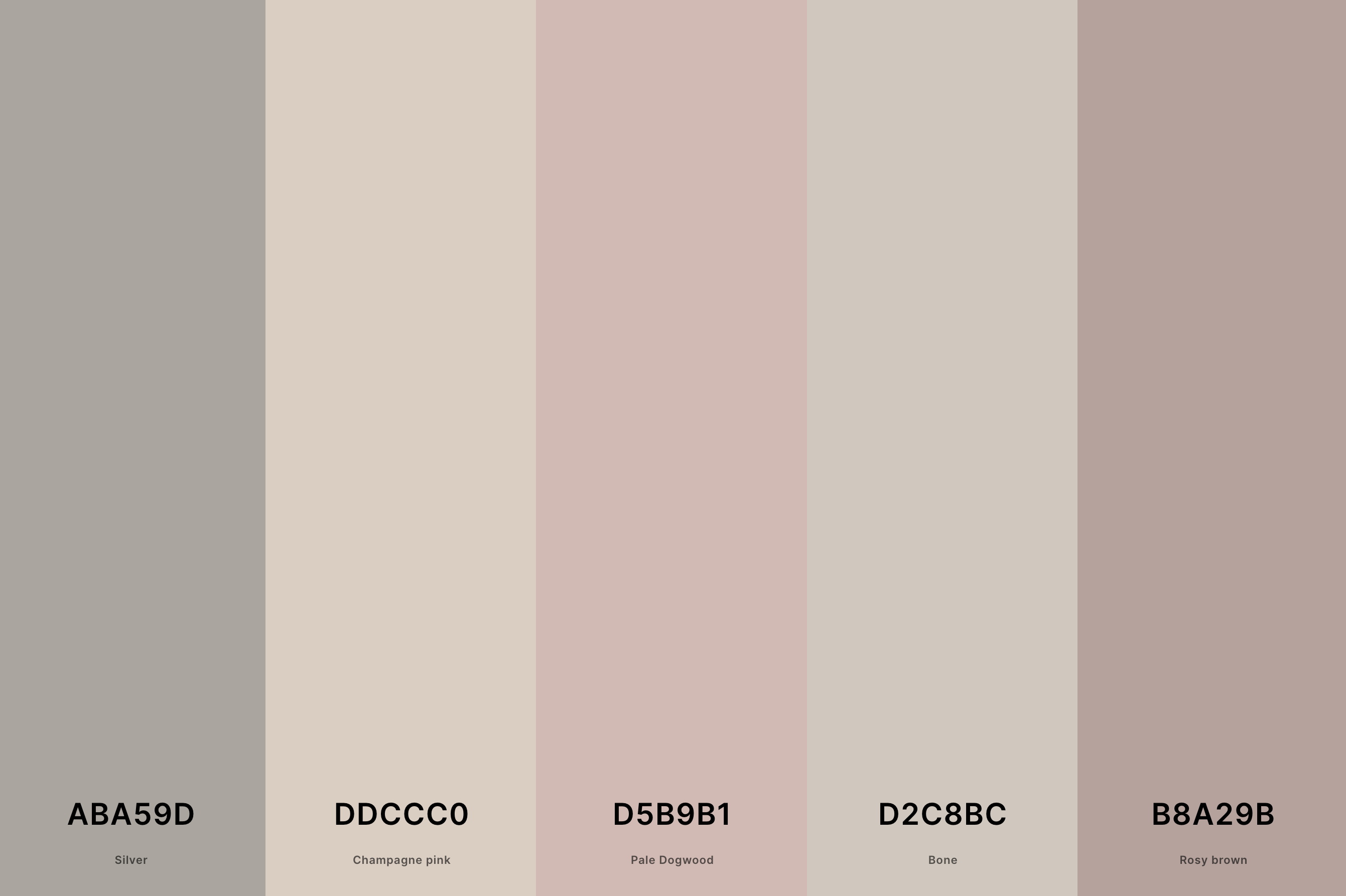 13. Neutral Tan Color Palette Color Palette with Silver (Hex #ABA59D) + Champagne Pink (Hex #DDCCC0) + Pale Dogwood (Hex #D5B9B1) + Bone (Hex #D2C8BC) + Rosy Brown (Hex #B8A29B) Color Palette with Hex Codes