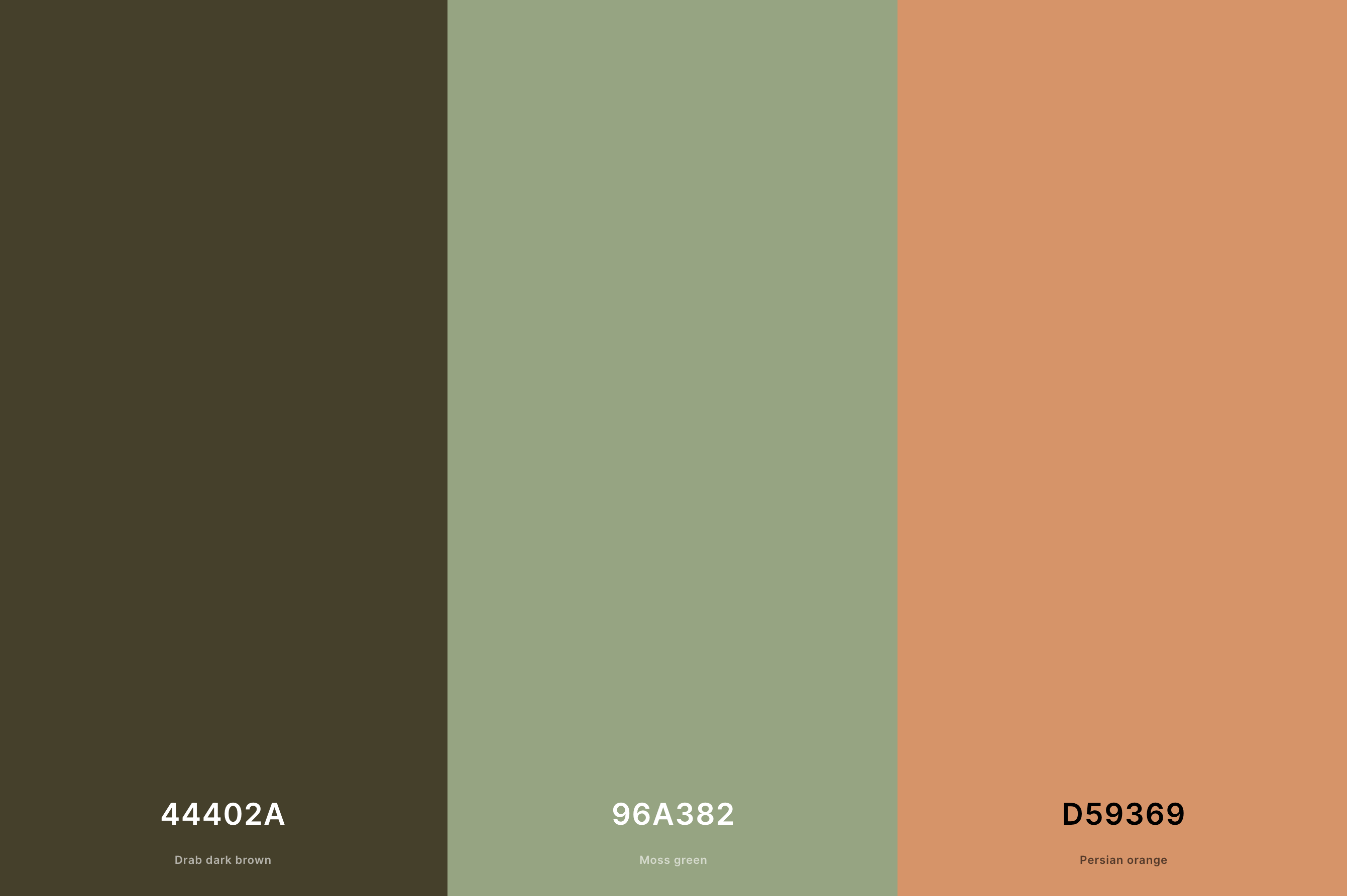 13. Olive Green and Warm Peach Color Palette with Drab Dark Brown (Hex #44402A) + Moss Green (Hex #96A382) + Persian Orange (Hex #D59369) with Hex Codes
