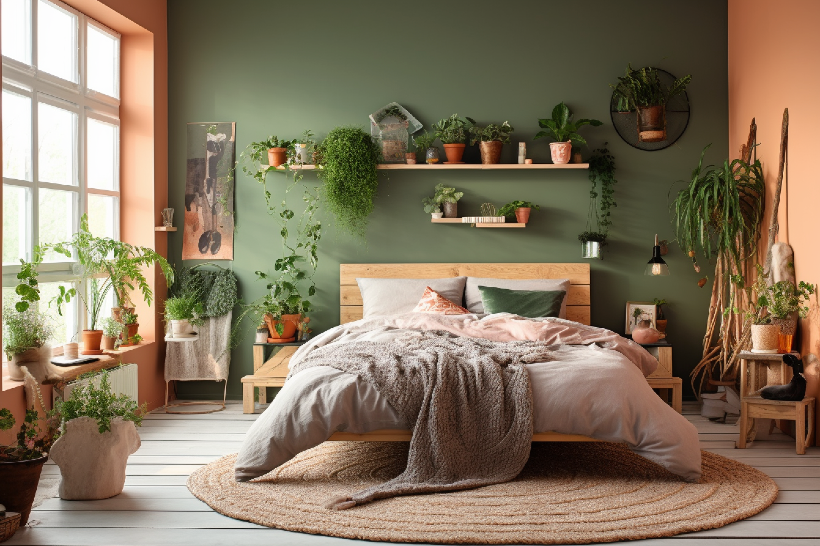 13. Olive Green and Warm Peach Scheme. A bedroom that's as comforting as grandma's peach pie