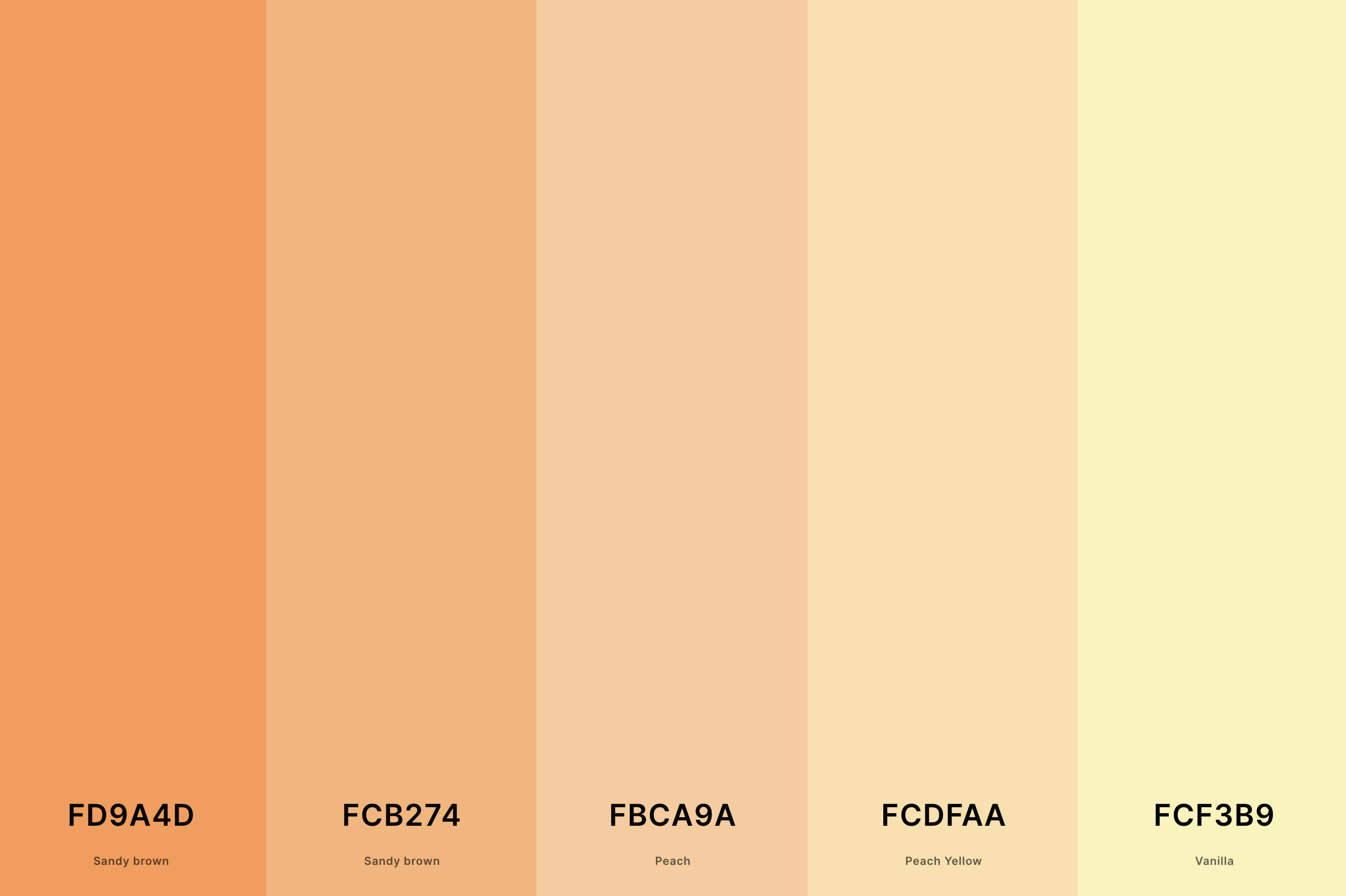 13. Pastel Orange Color Palette Color Palette with Sandy Brown (Hex #FD9A4D) + Sandy Brown (Hex #FCB274) + Peach (Hex #FBCA9A) + Peach Yellow (Hex #FCDFAA) + Vanilla (Hex #FCF3B9) Color Palette with Hex Codes