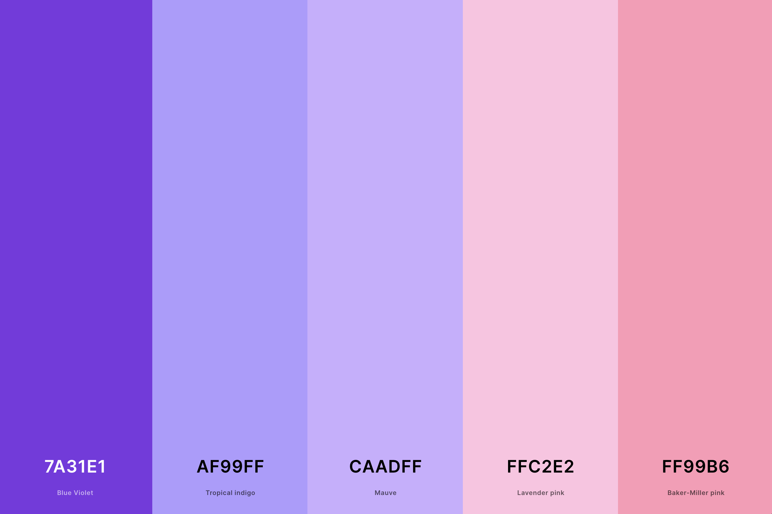13. Purple And Pink Color Palette Color Palette with Blue Violet (Hex #7A31E1) + Tropical Indigo (Hex #AF99FF) + Mauve (Hex #CAADFF) + Lavender Pink (Hex #FFC2E2) + Baker-Miller Pink (Hex #FF99B6) Color Palette with Hex Codes