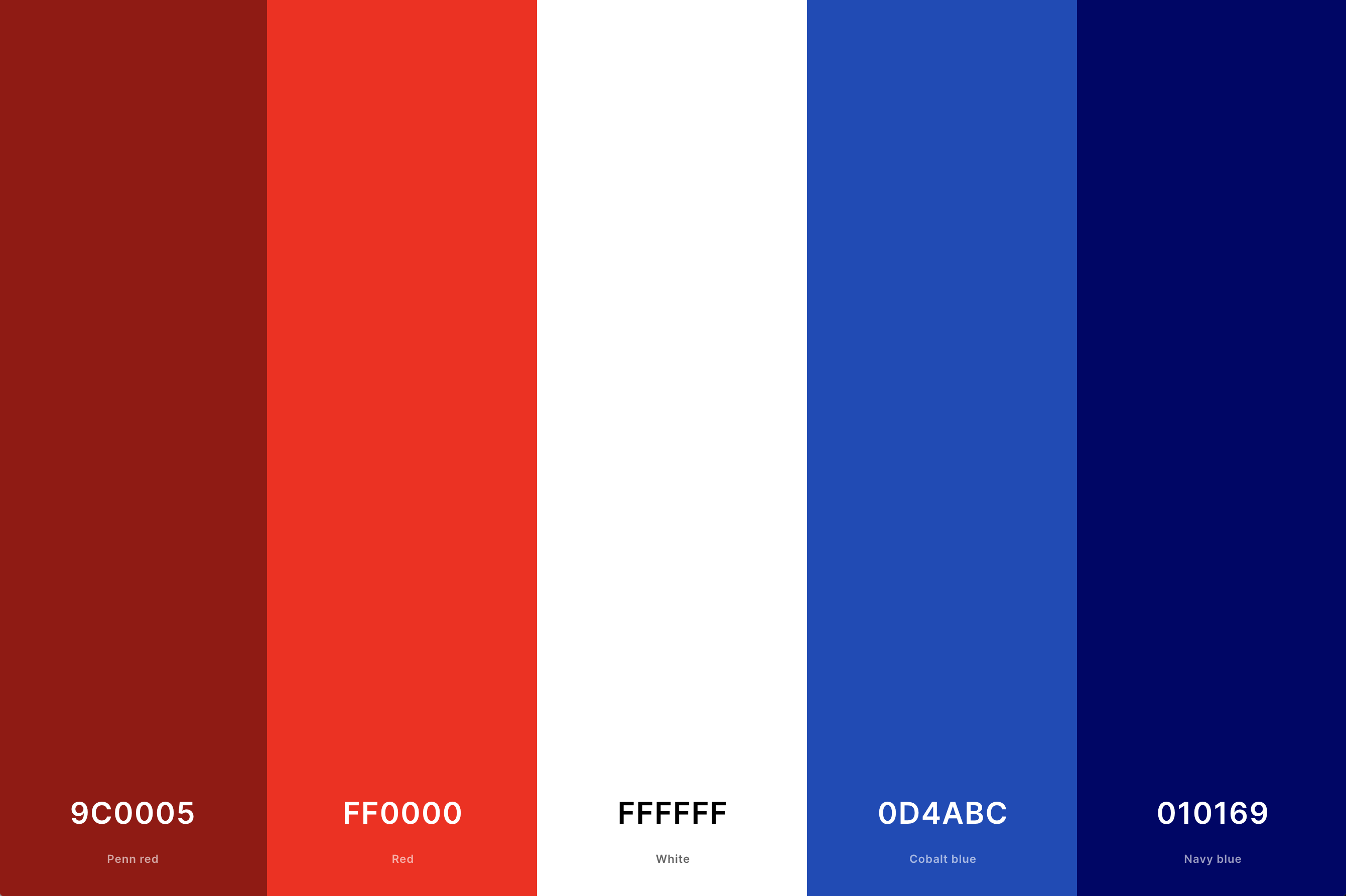 13. Red, White And Blue Color Palette Color Palette with Penn Red (Hex #9C0005) + Red (Hex #FF0000) + White (Hex #FFFFFF) + Cobalt Blue (Hex #0D4ABC) + Navy Blue (Hex #010169) Color Palette with Hex Codes