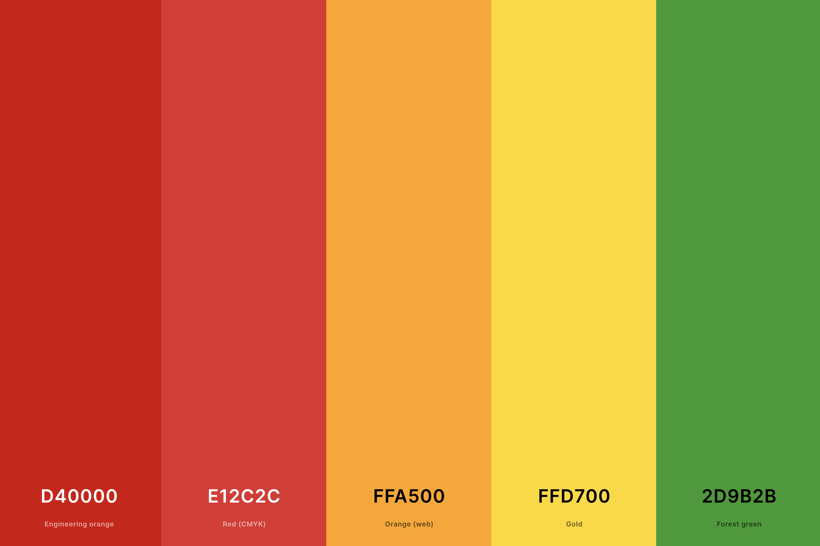 13. Red, Yellow And Green Color Palette Color Palette with Engineering Orange (Hex #D40000) + Red (Cmyk) (Hex #E12C2C) + Orange (Web) (Hex #FFA500) + Gold (Hex #FFD700) + Forest Green (Hex #2D9B2B) Color Palette with Hex Codes