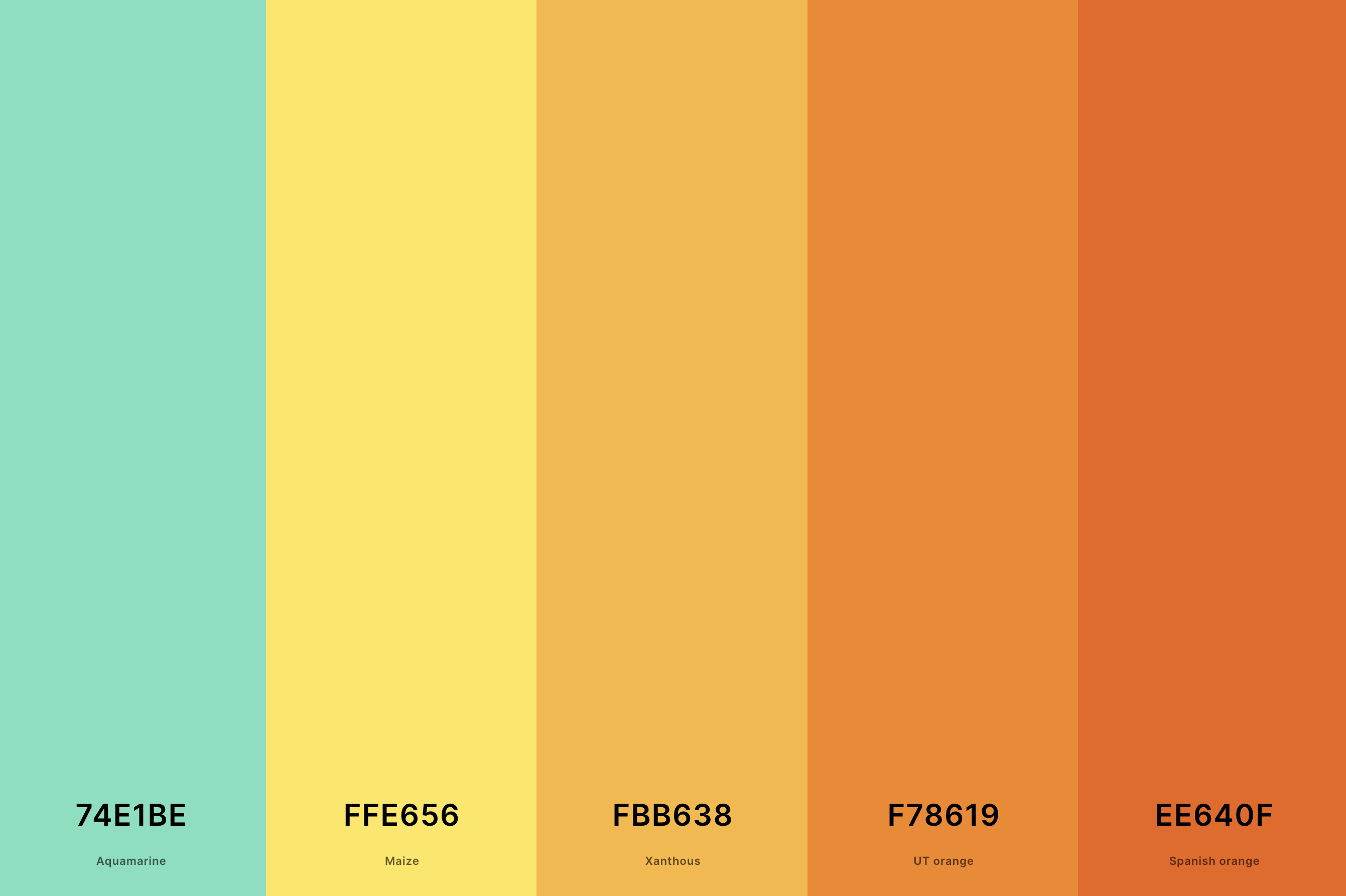 13. Retro Orange Color Palette Color Palette with Aquamarine (Hex #74E1BE) + Maize (Hex #FFE656) + Xanthous (Hex #FBB638) + Ut Orange (Hex #F78619) + Spanish Orange (Hex #EE640F) Color Palette with Hex Codes
