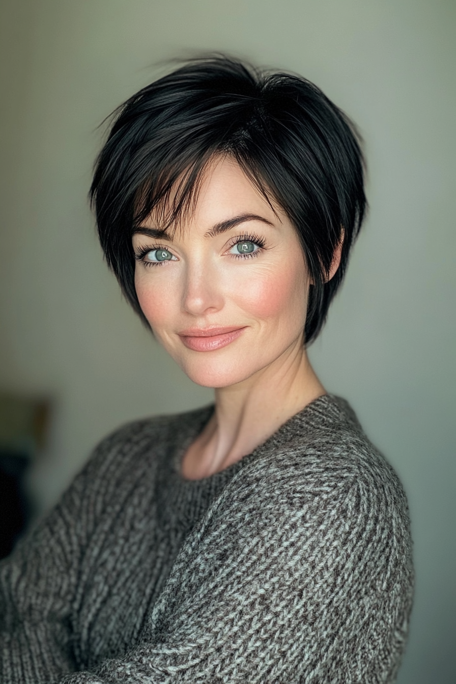 13. Sleek Pixie with Jet Black (Pixie Hairstyles For Women Over 40) - Pixie Hairstyles For Women Over 40