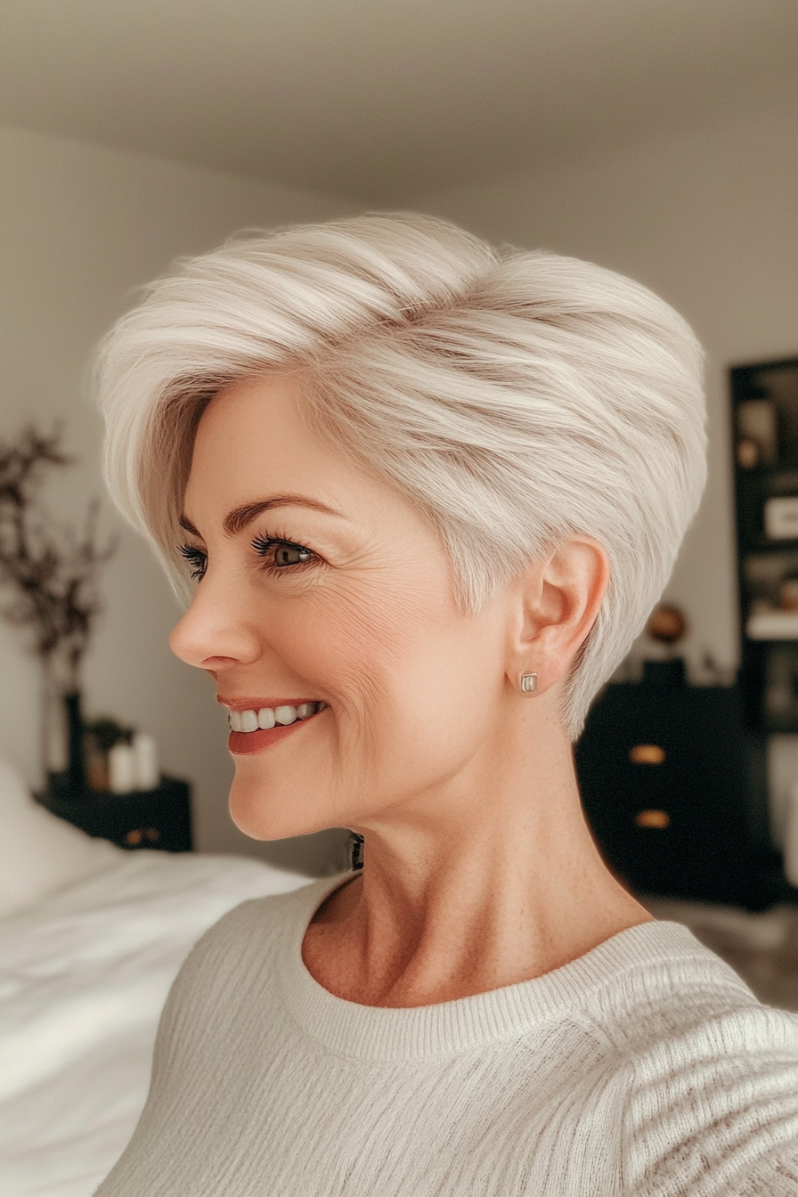 13. Sleek Pixie with Tapered Nape in Snowy White (Short Haircuts For Women Over 60 With Thick Hair) - Short Haircuts For Women Over 60 With Thick Hair