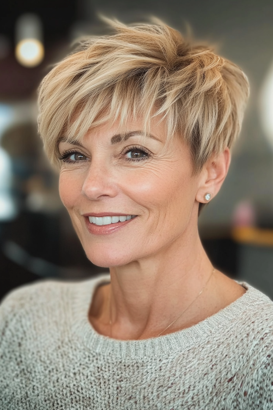 13. Tousled Pixie with Sandy Blonde Finish (Short Haircuts For Older Women Over 50) - Short Haircuts For Older Women Over 50