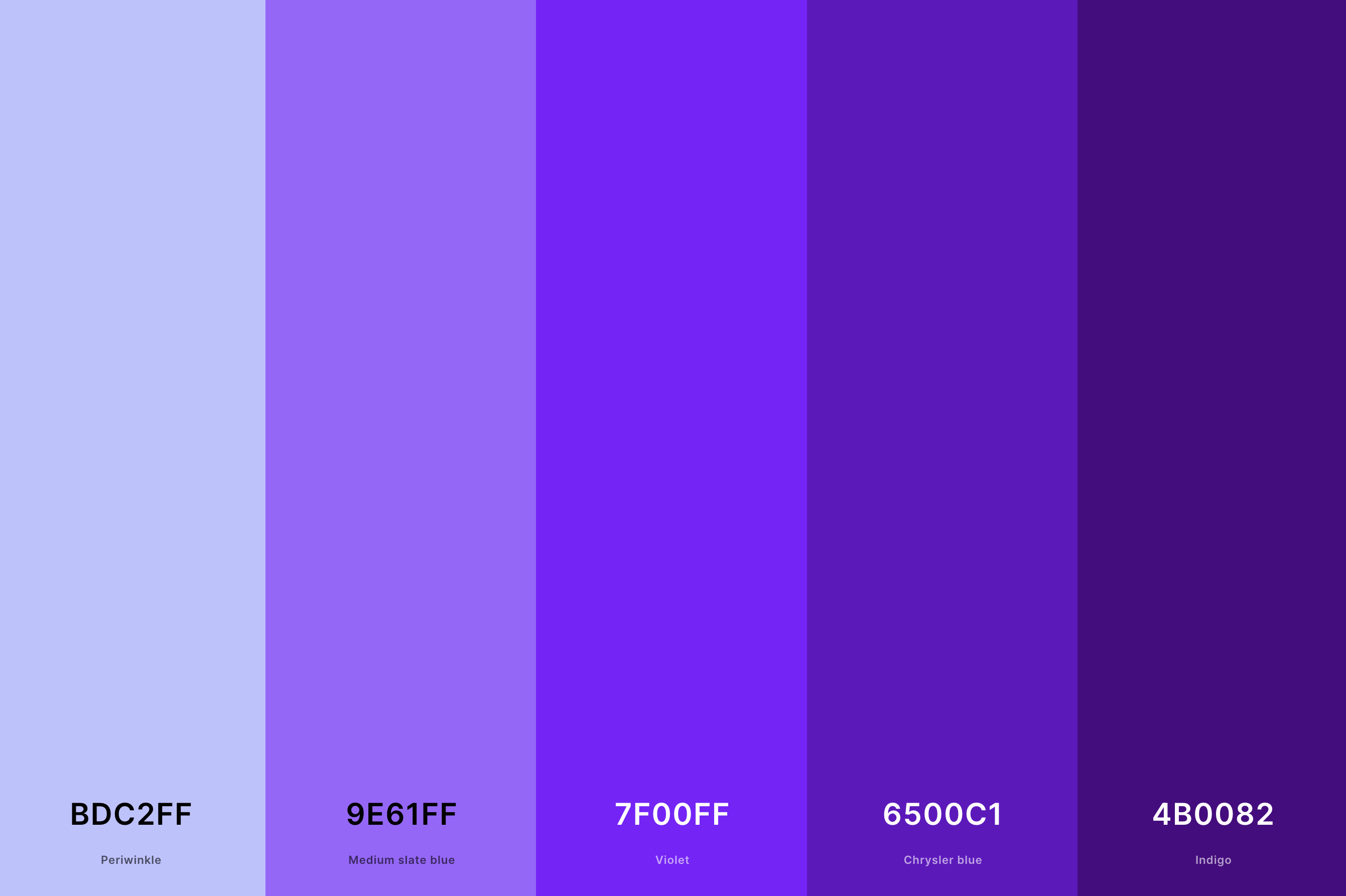 13. Violet Indigo Color Palette Color Palette with Periwinkle (Hex #BDC2FF) + Medium Slate Blue (Hex #9E61FF) + Violet (Hex #7F00FF) + Chrysler Blue (Hex #6500C1) + Indigo (Hex #4B0082) Color Palette with Hex Codes