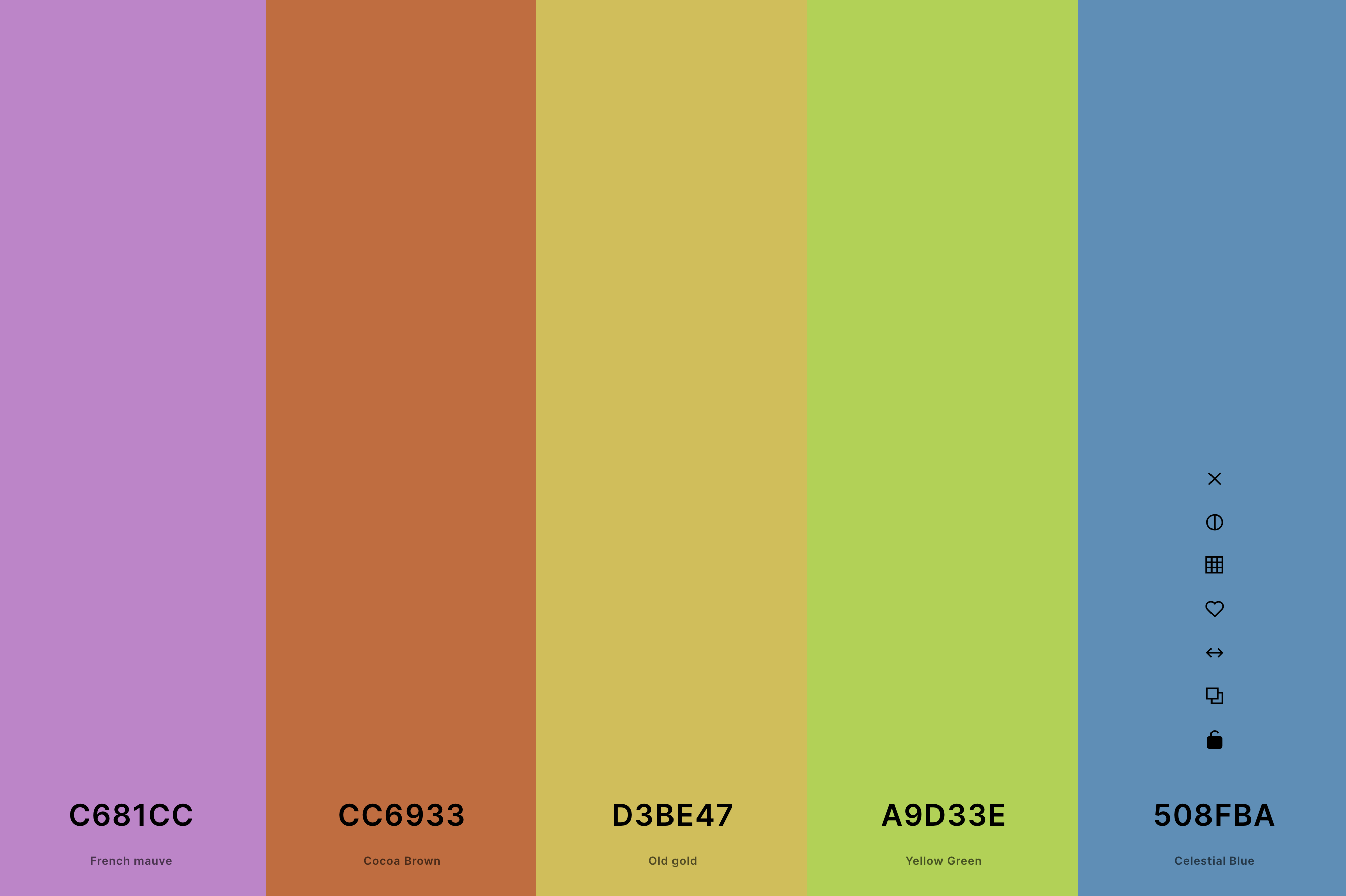 14. 60's Retro Color Palette Color Palette with French Mauve (Hex #C681CC) + Cocoa Brown (Hex #CC6933) + Old Gold (Hex #D3BE47) + Yellow Green (Hex #A9D33E) + Celestial Blue (Hex #508FBA) Color Palette with Hex Codes