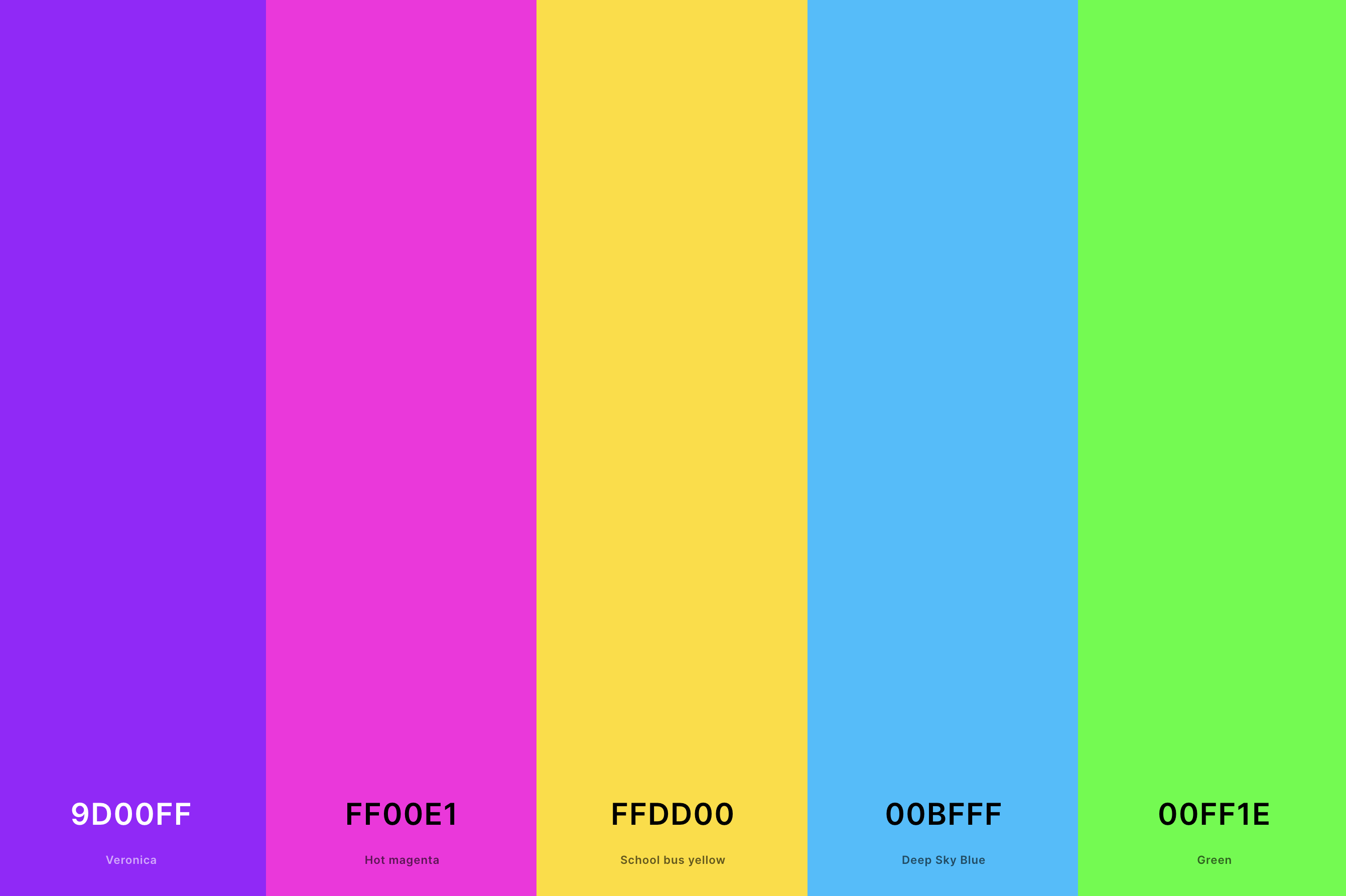 14. 90s Neon Color Palette Color Palette with Veronica (Hex #9D00FF) + Hot Magenta (Hex #FF00E1) + School Bus Yellow (Hex #FFDD00) + Deep Sky Blue (Hex #00BFFF) + Green (Hex #00FF1E) Color Palette with Hex Codes