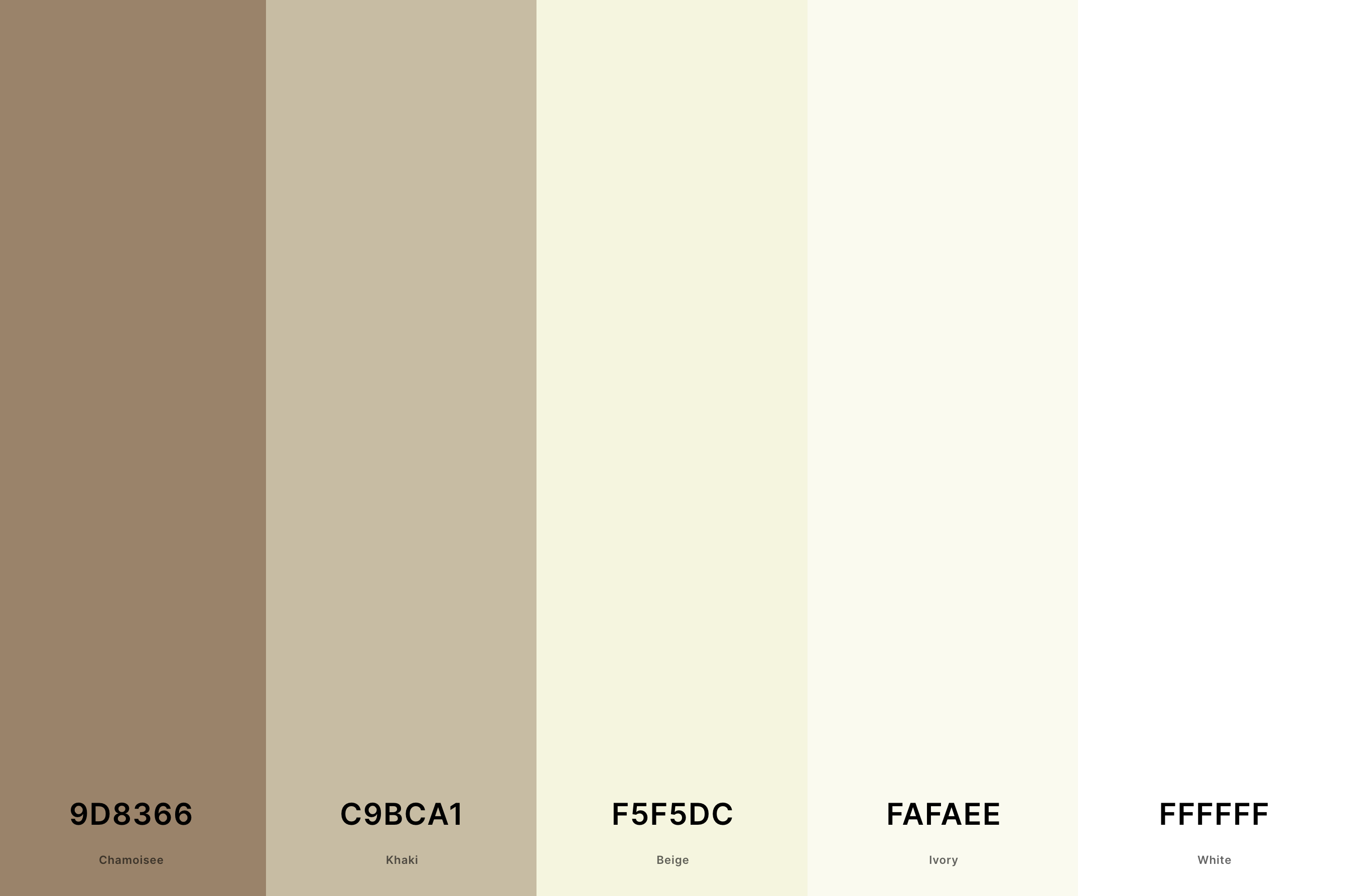 14. Beige And White Color Palette Color Palette with Chamoisee (Hex #9D8366) + Khaki (Hex #C9BCA1) + Beige (Hex #F5F5DC) + Ivory (Hex #FAFAEE) + White (Hex #FFFFFF) Color Palette with Hex Codes