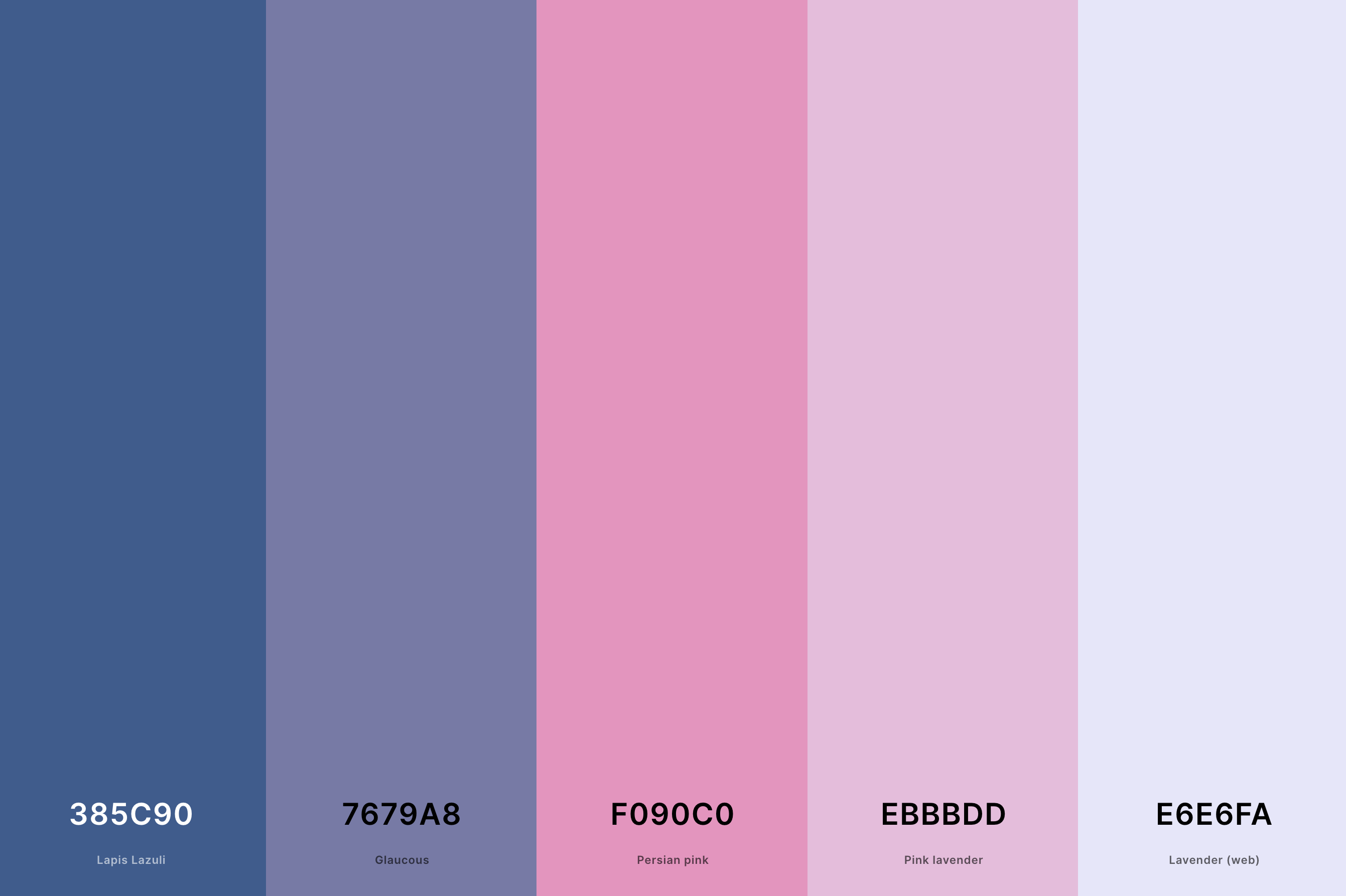 14. Blue, Pink And Lavender Color Palette Color Palette with Lapis Lazuli (Hex #385C90) + Glaucous (Hex #7679A8) + Persian Pink (Hex #F090C0) + Pink Lavender (Hex #EBBBDD) + Lavender (Web) (Hex #E6E6FA) Color Palette with Hex Codes