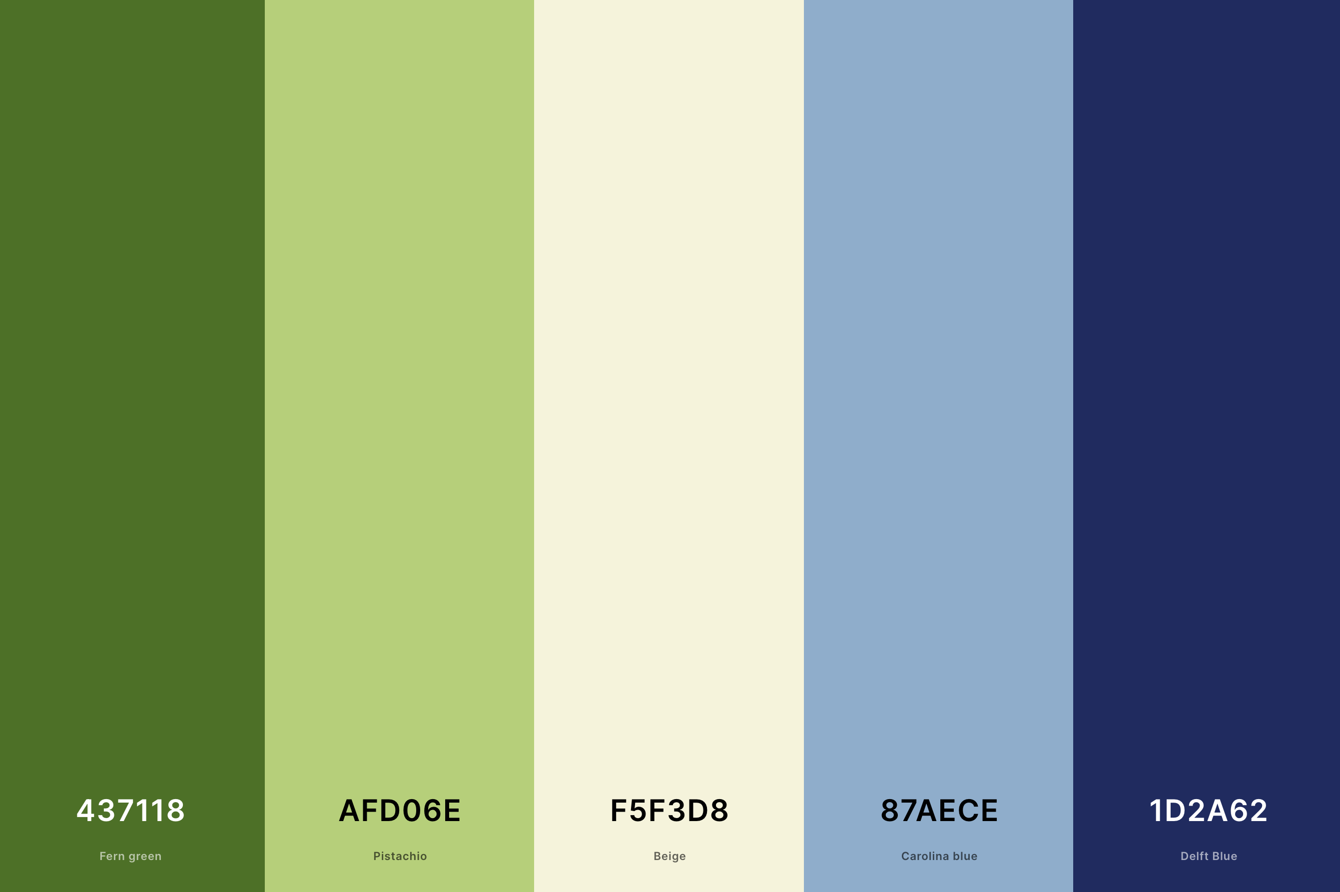 14. Cream, Blue And Green Color Palette Color Palette with Fern Green (Hex #437118) + Pistachio (Hex #AFD06E) + Beige (Hex #F5F3D8) + Carolina Blue (Hex #87AECE) + Delft Blue (Hex #1D2A62) Color Palette with Hex Codes