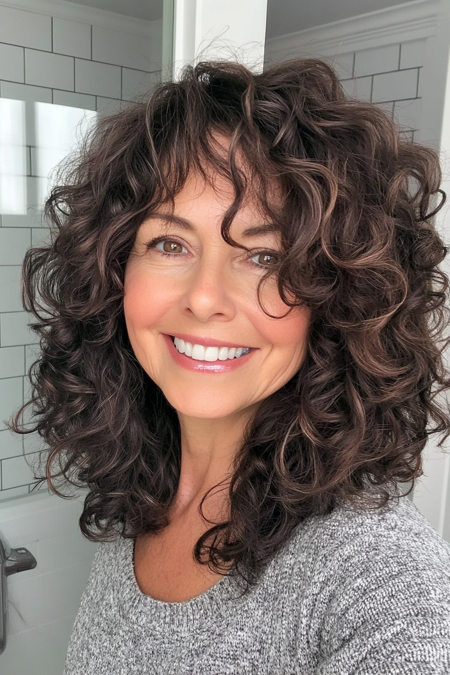 14. Curly Dark Brown Shag (Shaggy Hairstyles For Women Over 50) - Shaggy Hairstyles For Women Over 50