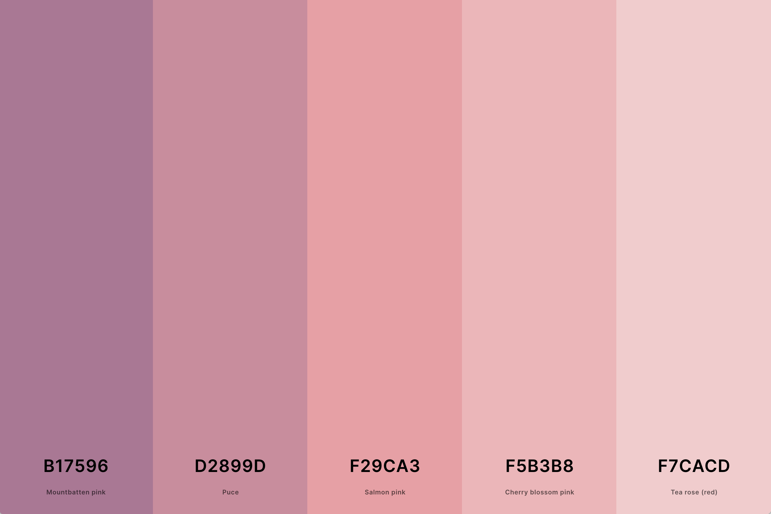 14. Dusty Pink Color Palette Color Palette with Mountbatten Pink (Hex #B17596) + Puce (Hex #D2899D) + Salmon Pink (Hex #F29CA3) + Cherry Blossom Pink (Hex #F5B3B8) + Tea Rose (Red) (Hex #F7CACD) Color Palette with Hex Codes