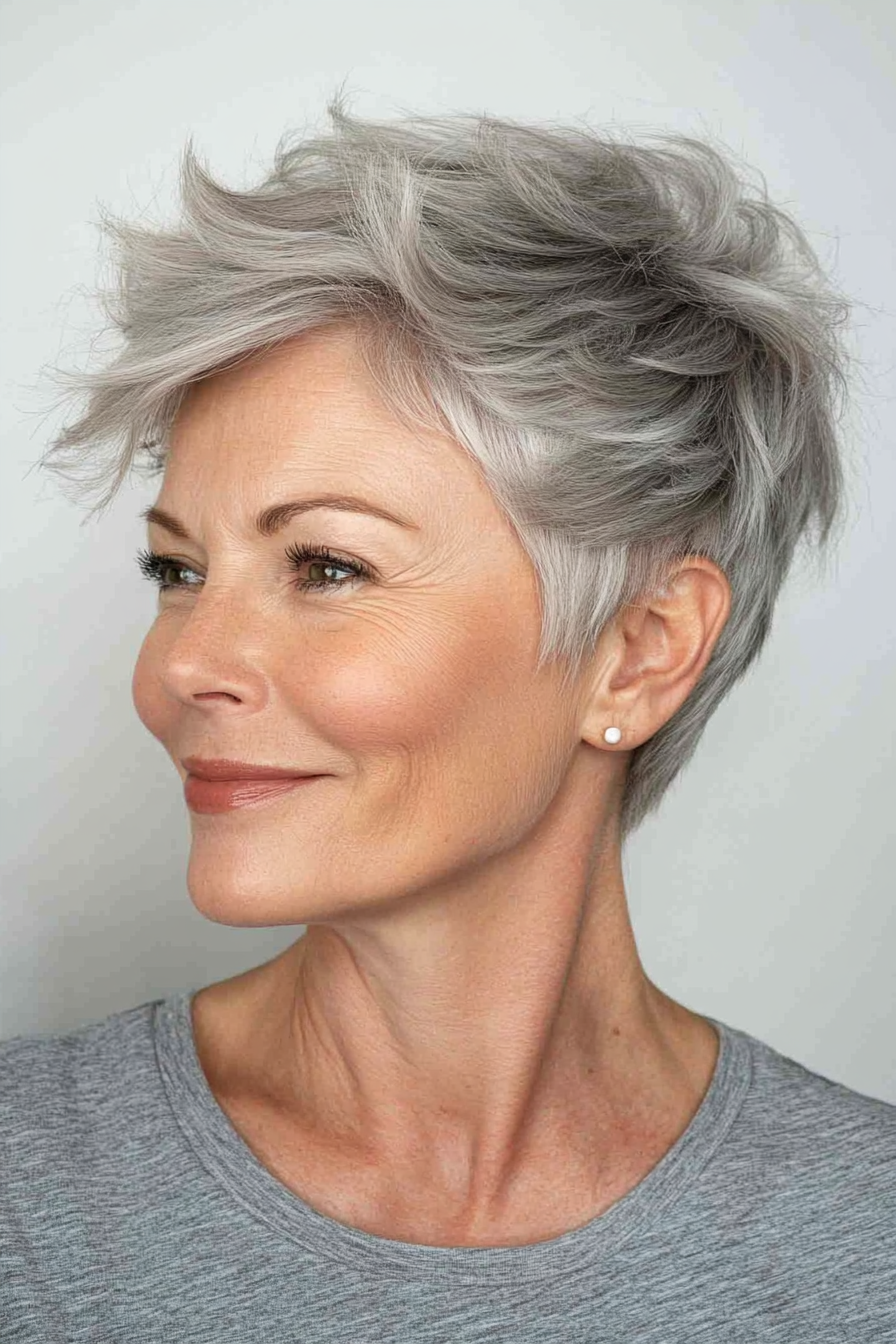 14. Elegant Gray Pixie with Feathered Layers for Over 60 (Pixie Hairstyles For Older Women) - Pixie Hairstyles For Older Women