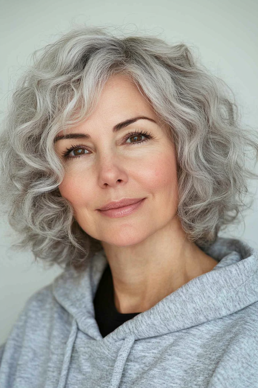 14. Frizzy Curls with a Layered Cut in Soft Gray (Short Curly Hairstyles For Older Women) - Short Curly Hairstyles For Older Women