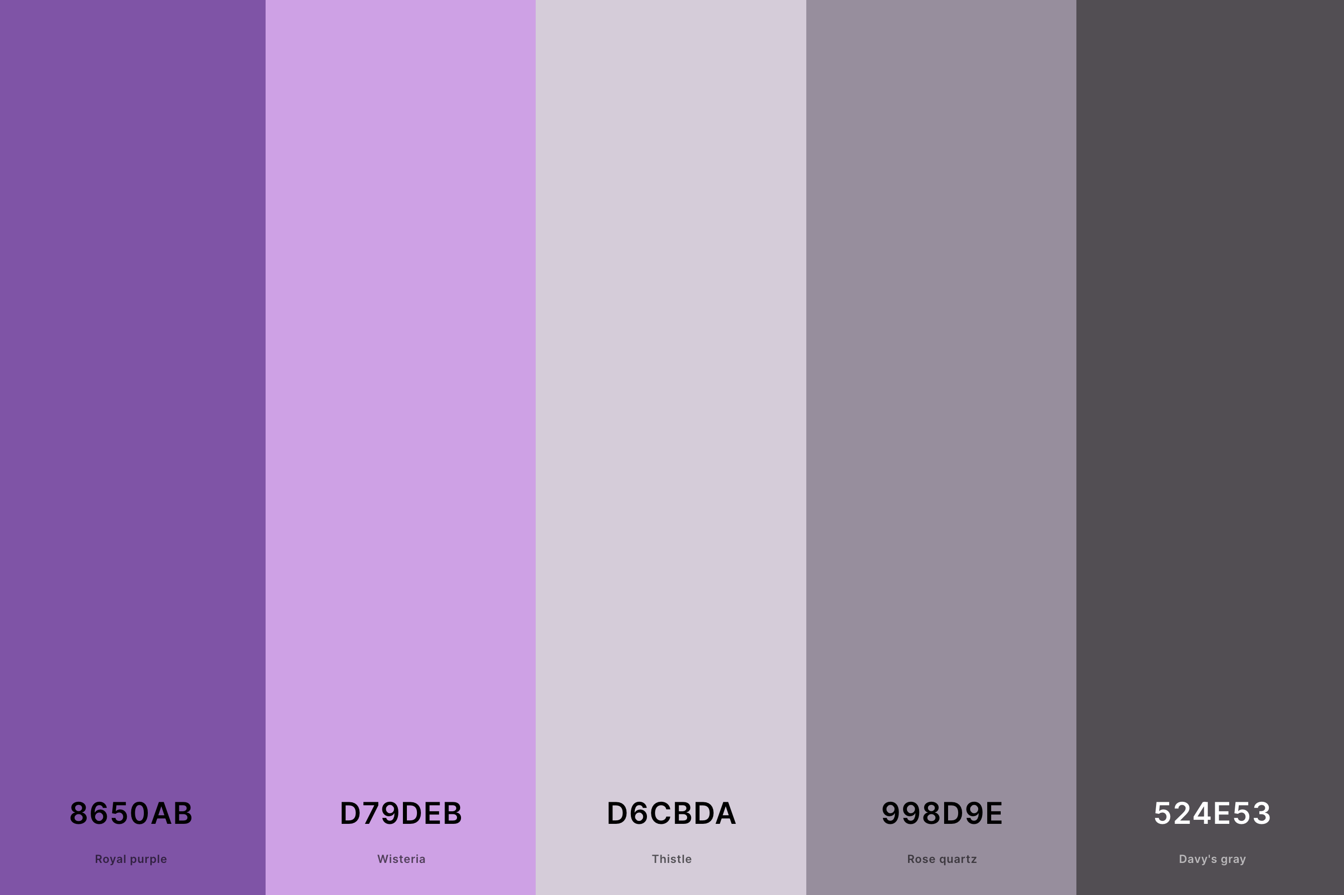 14. Gray And Purple Color Palette Color Palette with Royal Purple (Hex #8650AB) + Wisteria (Hex #D79DEB) + Thistle (Hex #D6CBDA) + Rose Quartz (Hex #998D9E) + Davy'S Gray (Hex #524E53) Color Palette with Hex Codes