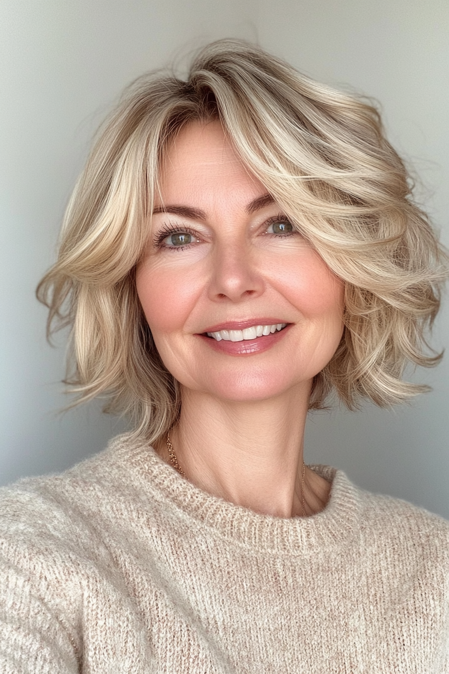 14. Honey Blonde Feathered Bob (Short Haircuts For Women Over 50) - Short Haircuts For Women Over 50