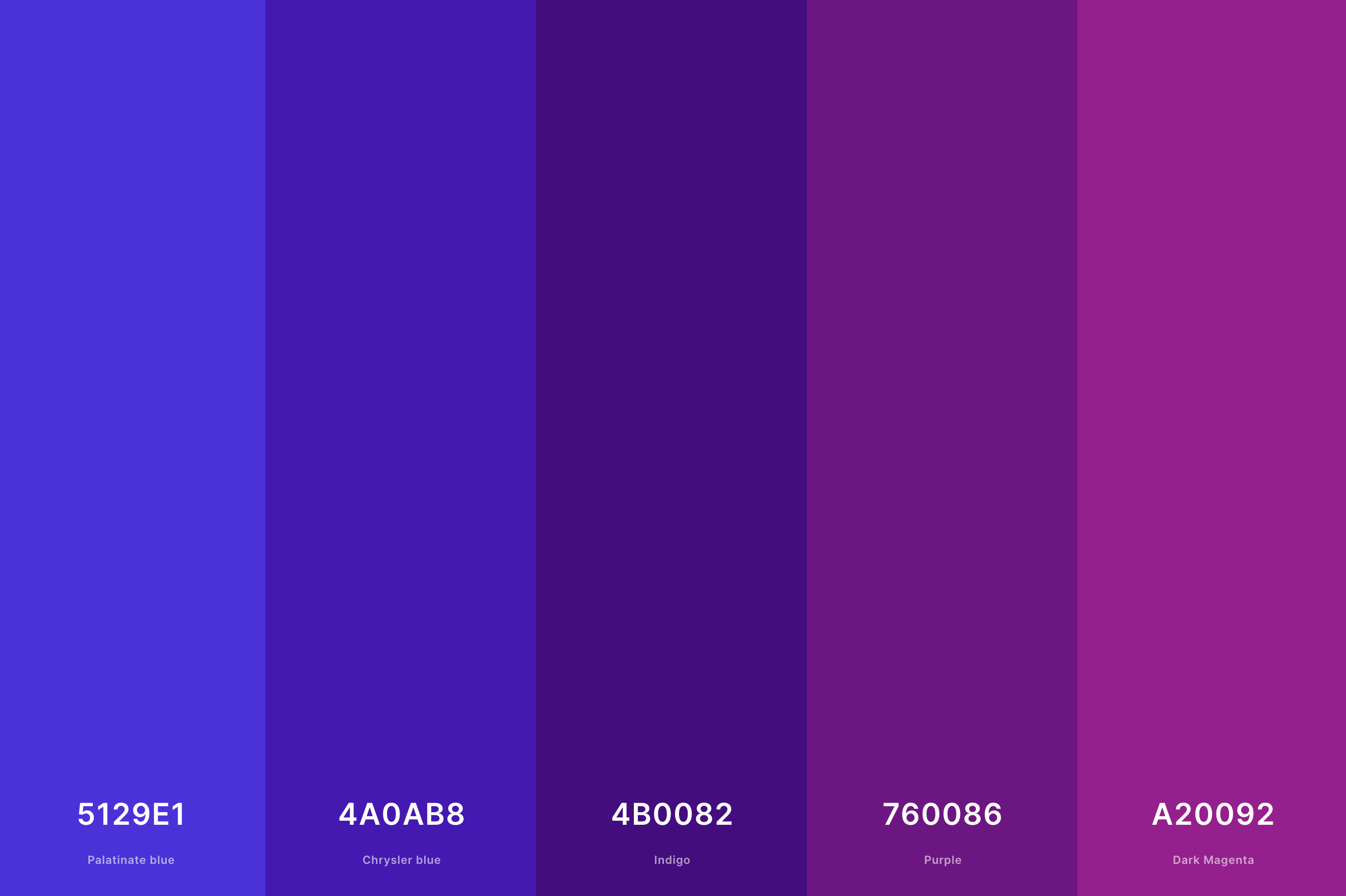 14. Indigo And Purple Color Palette Color Palette with Palatinate Blue (Hex #5129E1) + Chrysler Blue (Hex #4A0AB8) + Indigo (Hex #4B0082) + Purple (Hex #760086) + Dark Magenta (Hex #A20092) Color Palette with Hex Codes