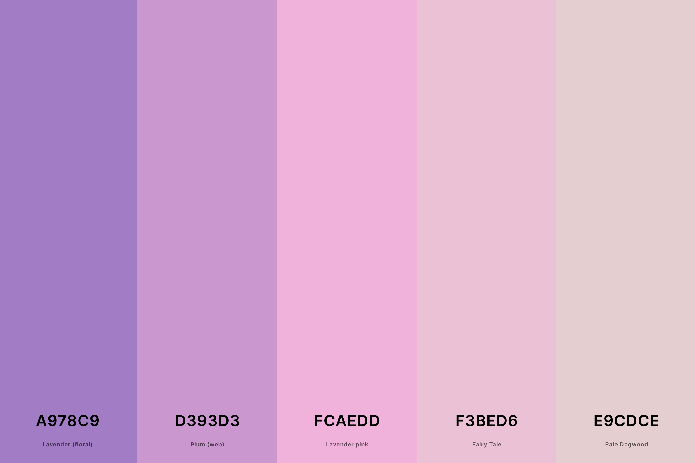 14. Mauve Blush Color Palette Color Palette with Lavender (Floral) (Hex #A978C9) + Plum (Web) (Hex #D393D3) + Lavender Pink (Hex #FCAEDD) + Fairy Tale (Hex #F3BED6) + Pale Dogwood (Hex #E9CDCE) Color Palette with Hex Codes