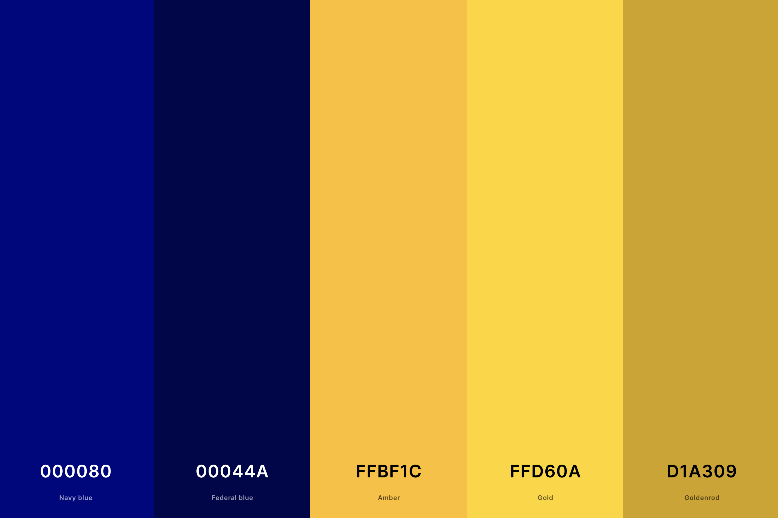 14. Navy Blue And Gold Color Palette Color Palette with Navy Blue (Hex #000080) + Federal Blue (Hex #00044A) + Amber (Hex #FFBF1C) + Gold (Hex #FFD60A) + Goldenrod (Hex #D1A309) Color Palette with Hex Codes