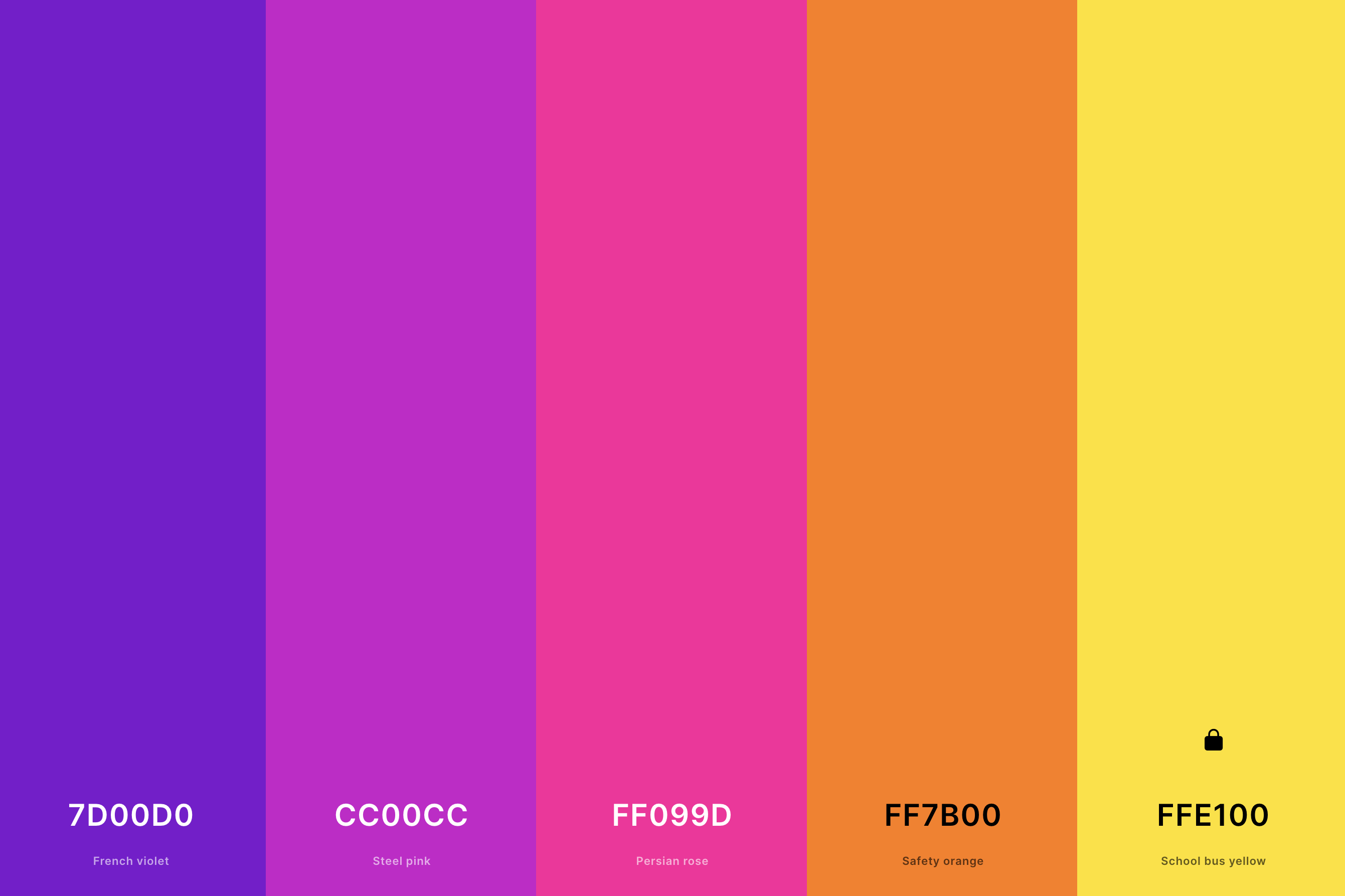 14. Neon Sunset Color Palette Color Palette with French Violet (Hex #7D00D0) + Steel Pink (Hex #CC00CC) + Persian Rose (Hex #FF099D) + Safety Orange (Hex #FF7B00) + School Bus Yellow (Hex #FFE100) Color Palette with Hex Codes