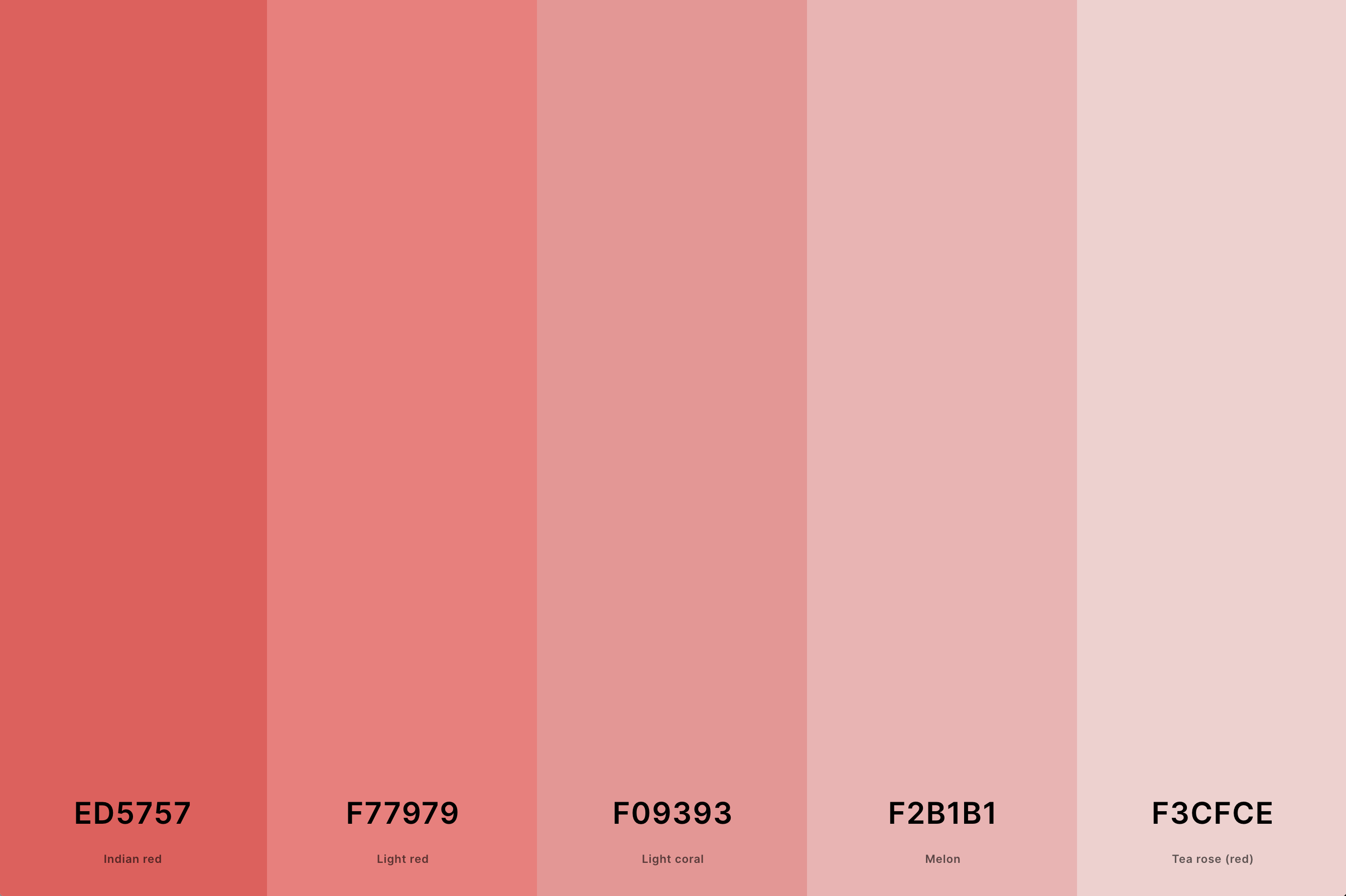 14. Pastel Red Color Palette Color Palette with Indian Red (Hex #ED5757) + Light Red (Hex #F77979) + Light Coral (Hex #F09393) + Melon (Hex #F2B1B1) + Tea Rose (Red) (Hex #F3CFCE) Color Palette with Hex Codes